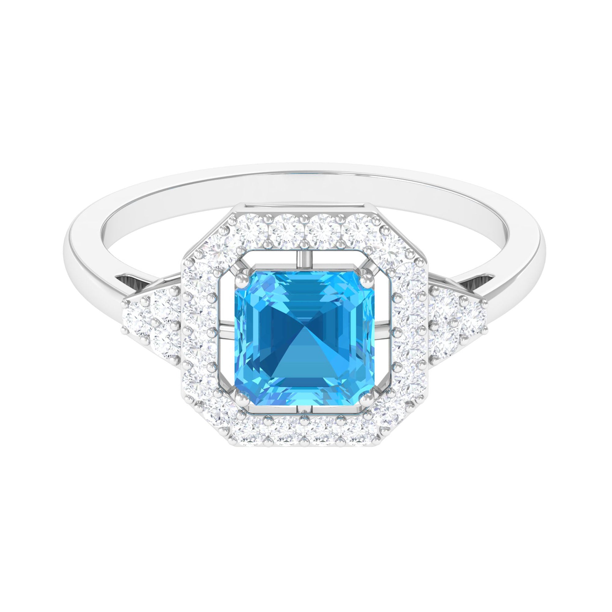 Asscher Cut Swiss Blue Topaz Engagement Ring with Diamond Halo Swiss Blue Topaz - ( AAA ) - Quality - Rosec Jewels