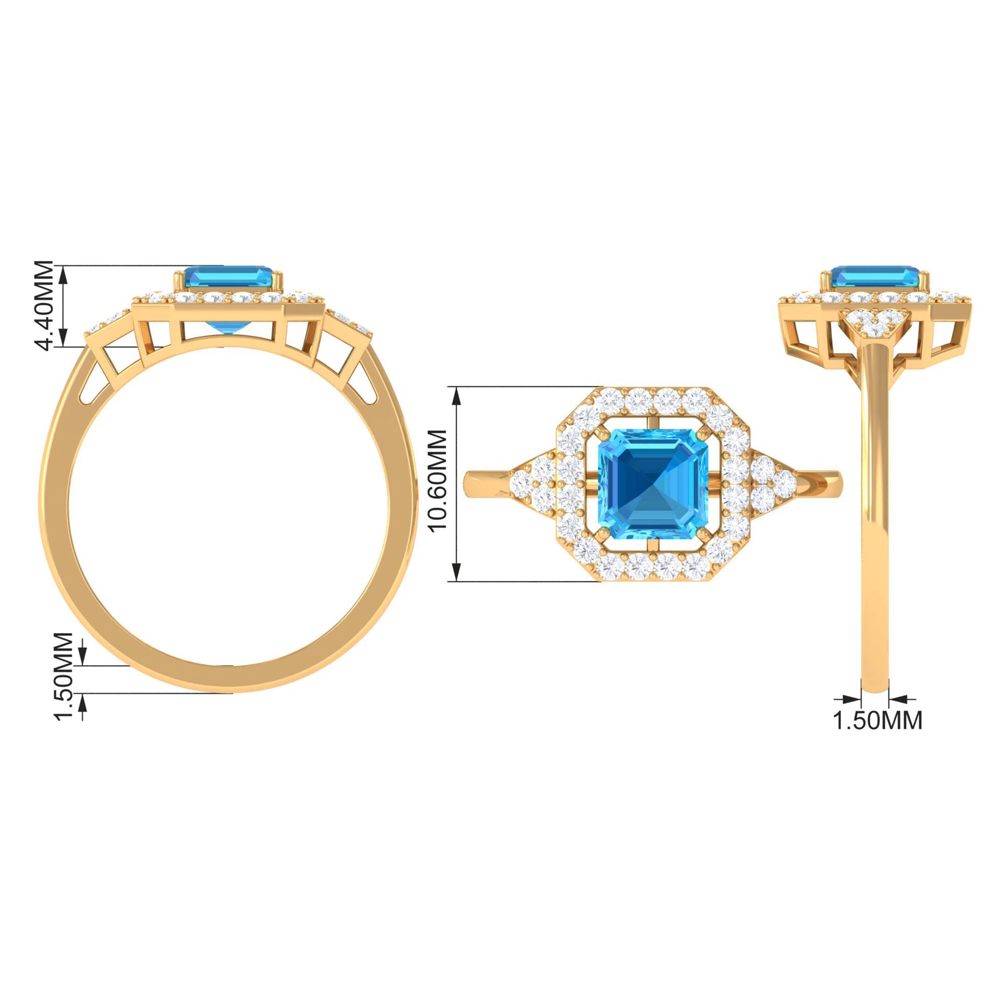 Asscher Cut Swiss Blue Topaz Engagement Ring with Diamond Halo Swiss Blue Topaz - ( AAA ) - Quality - Rosec Jewels