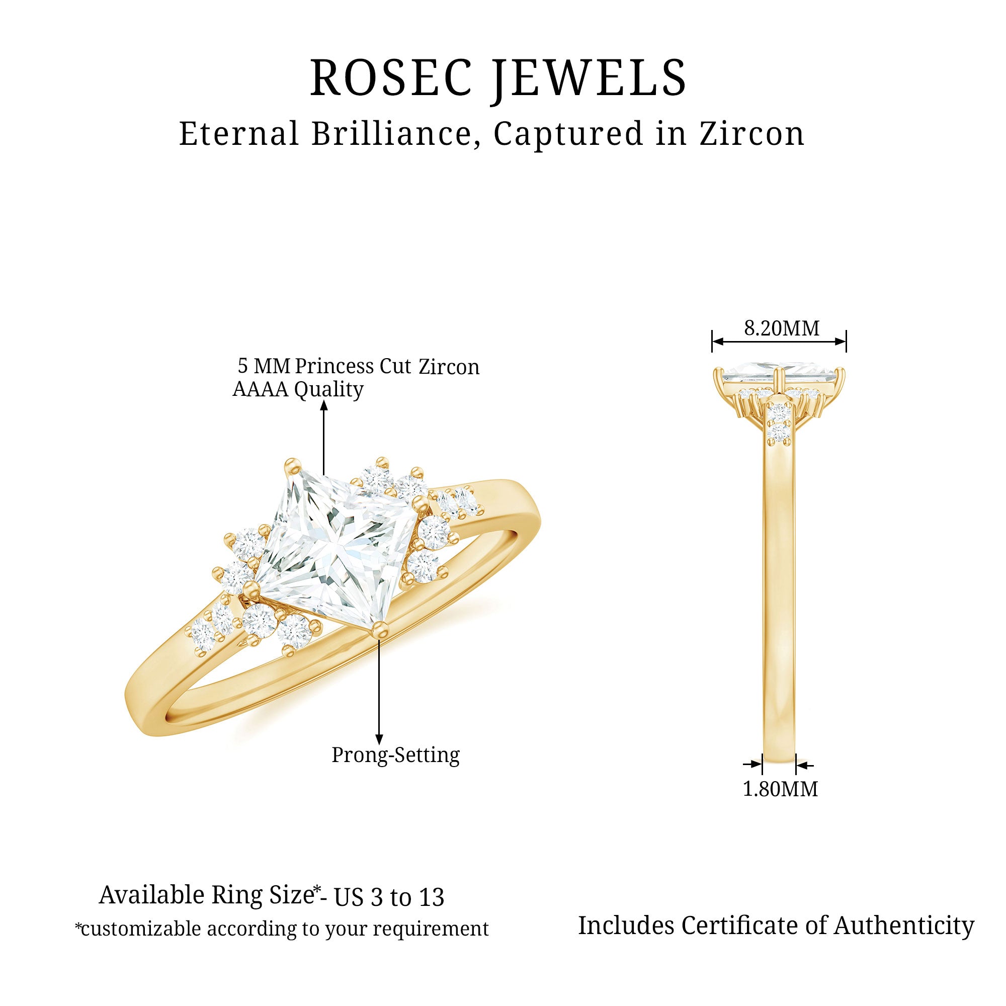 Simple Princess Cut Zircon Solitaire Promise Ring in Gold Zircon - ( AAAA ) - Quality - Rosec Jewels