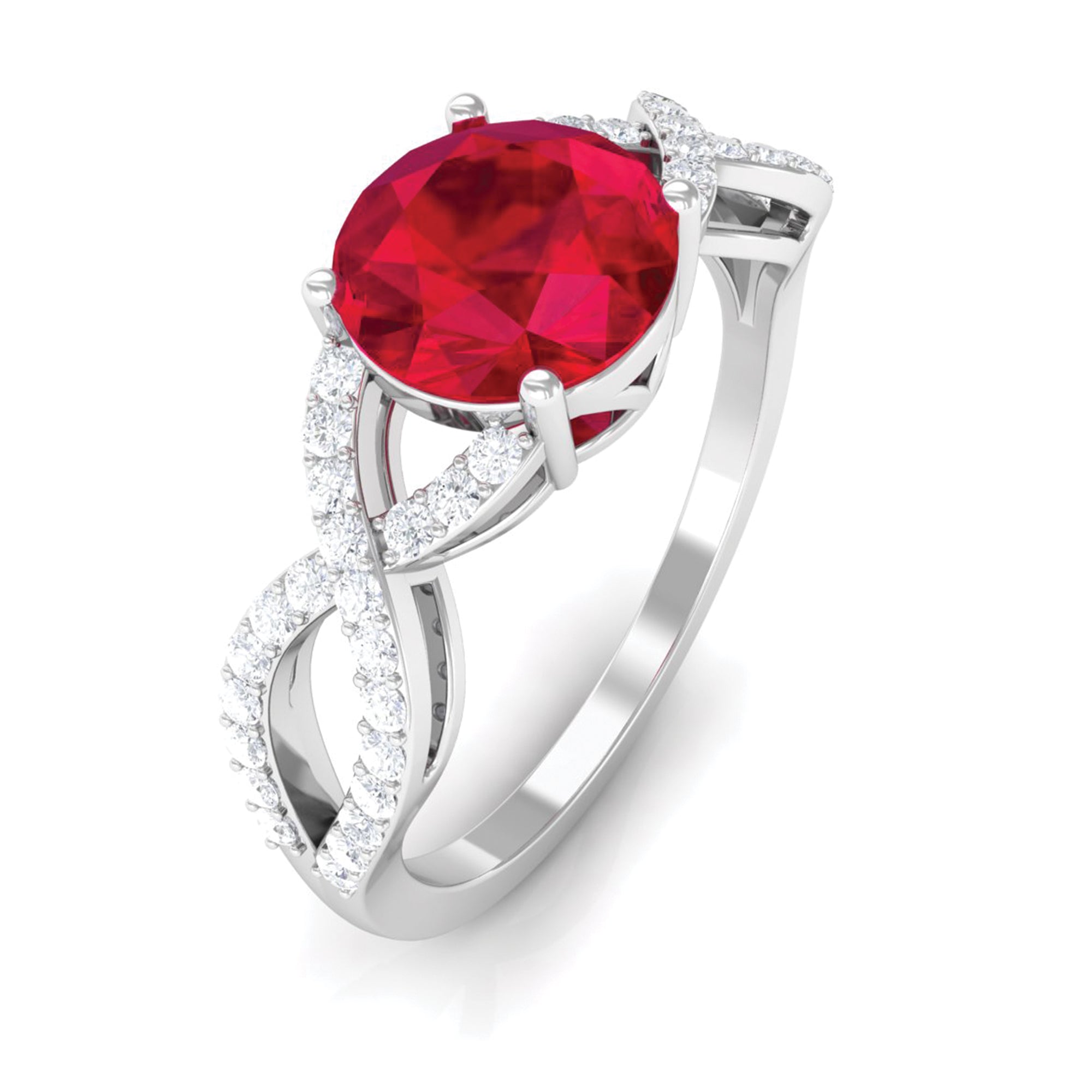 Certified Lab Grown Ruby Round Engagement Ring With Moissanite Lab Created Ruby - ( AAAA ) - Quality - Rosec Jewels