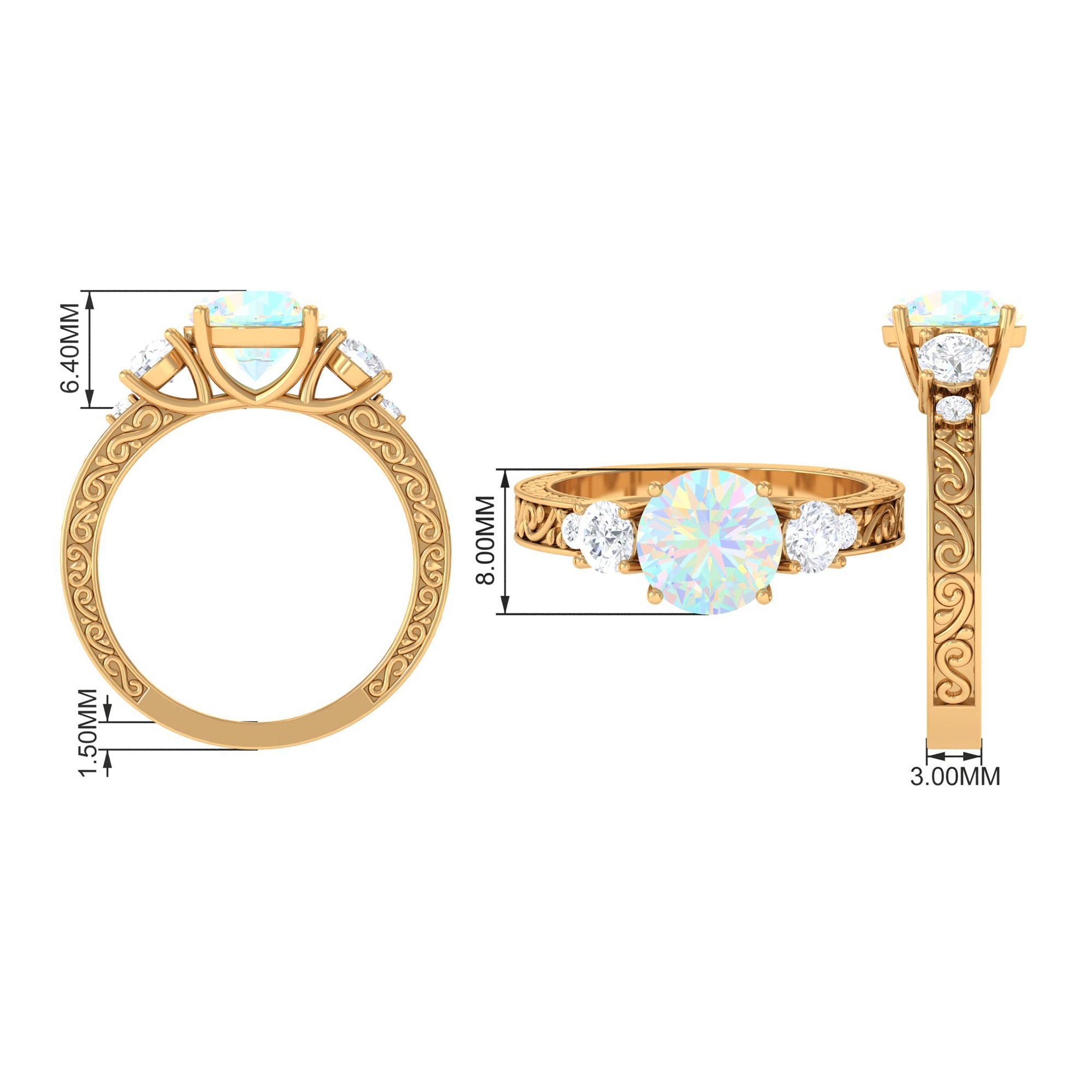 Round Ethiopian Opal and Moissanite Art Deco Engagement Ring in Gold Ethiopian Opal - ( AAA ) - Quality - Rosec Jewels