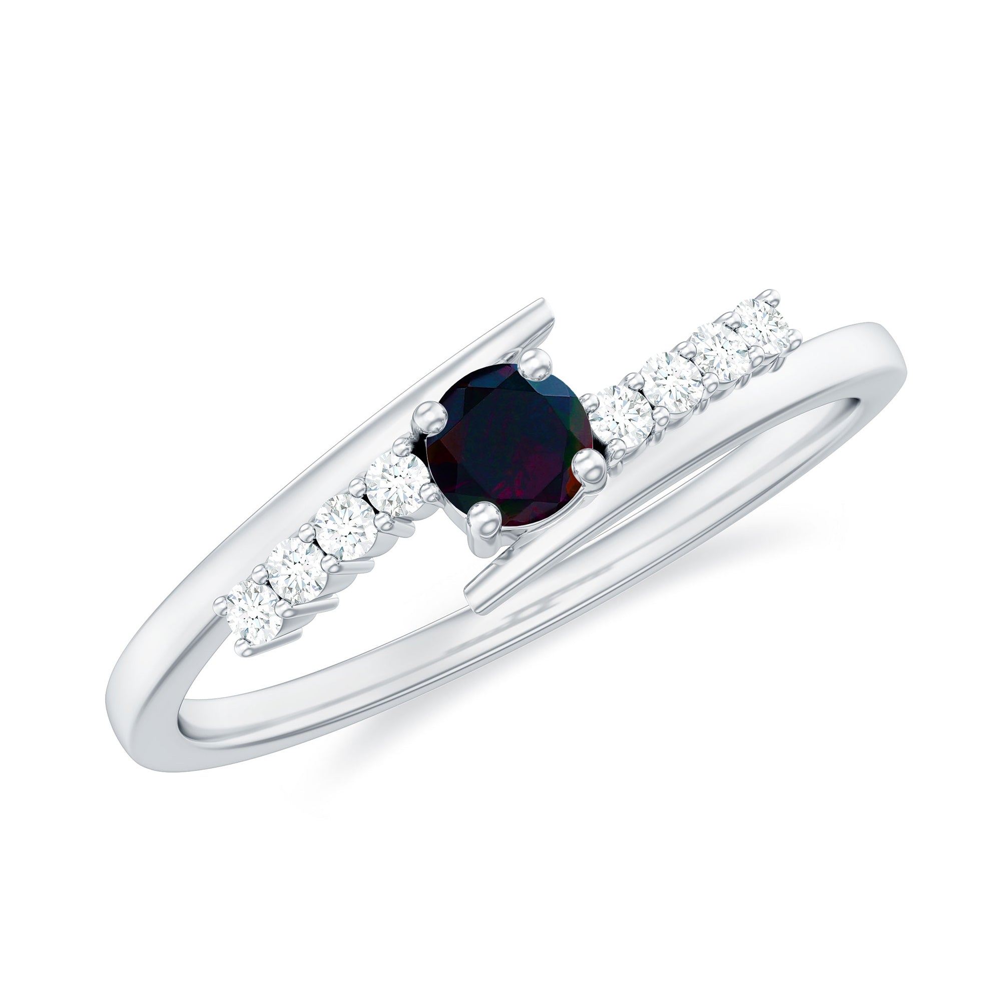 Minimal Round Black Opal and Diamond Bypass Promise Ring Black Opal - ( AAA ) - Quality - Rosec Jewels