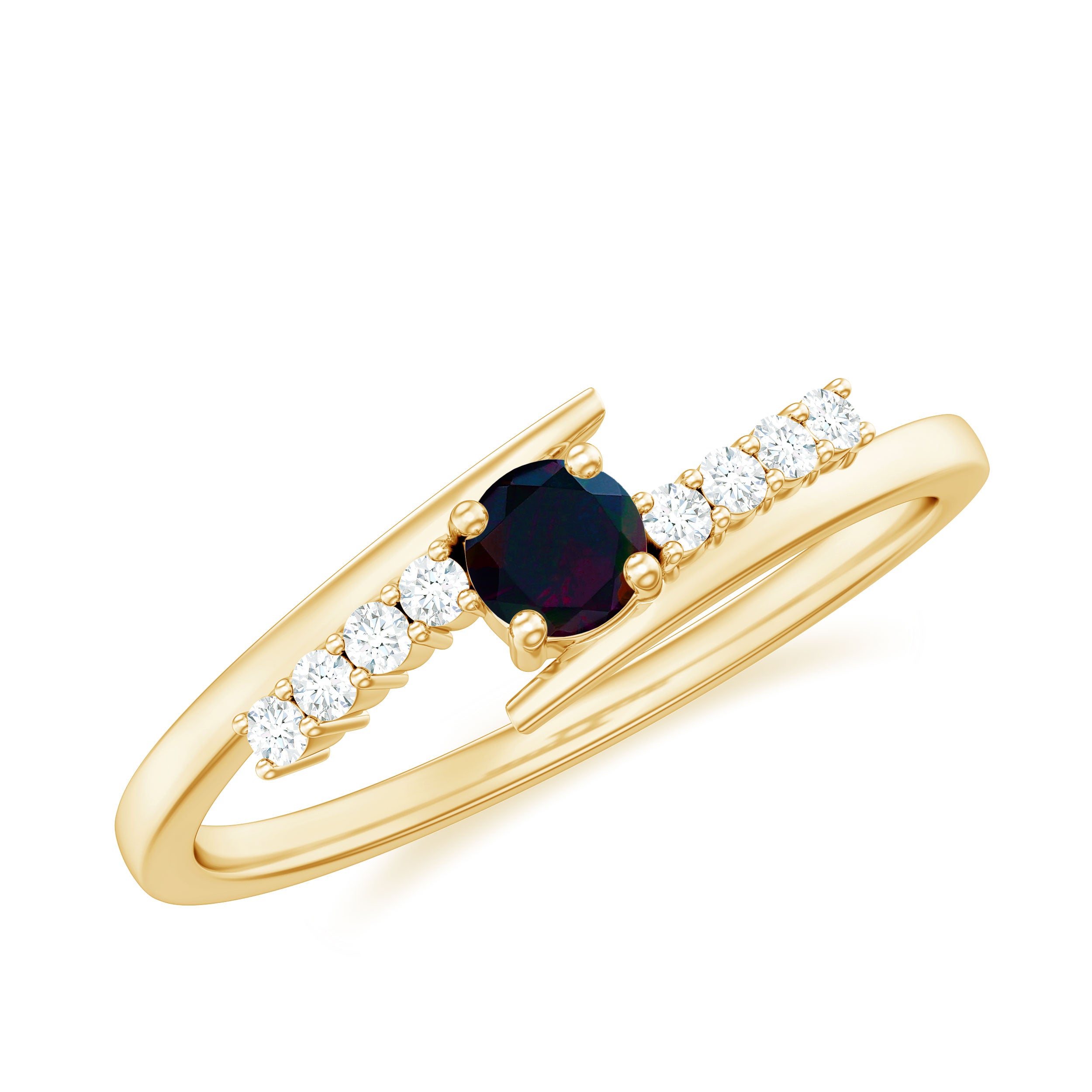 Minimal Round Black Opal and Diamond Bypass Promise Ring Black Opal - ( AAA ) - Quality - Rosec Jewels