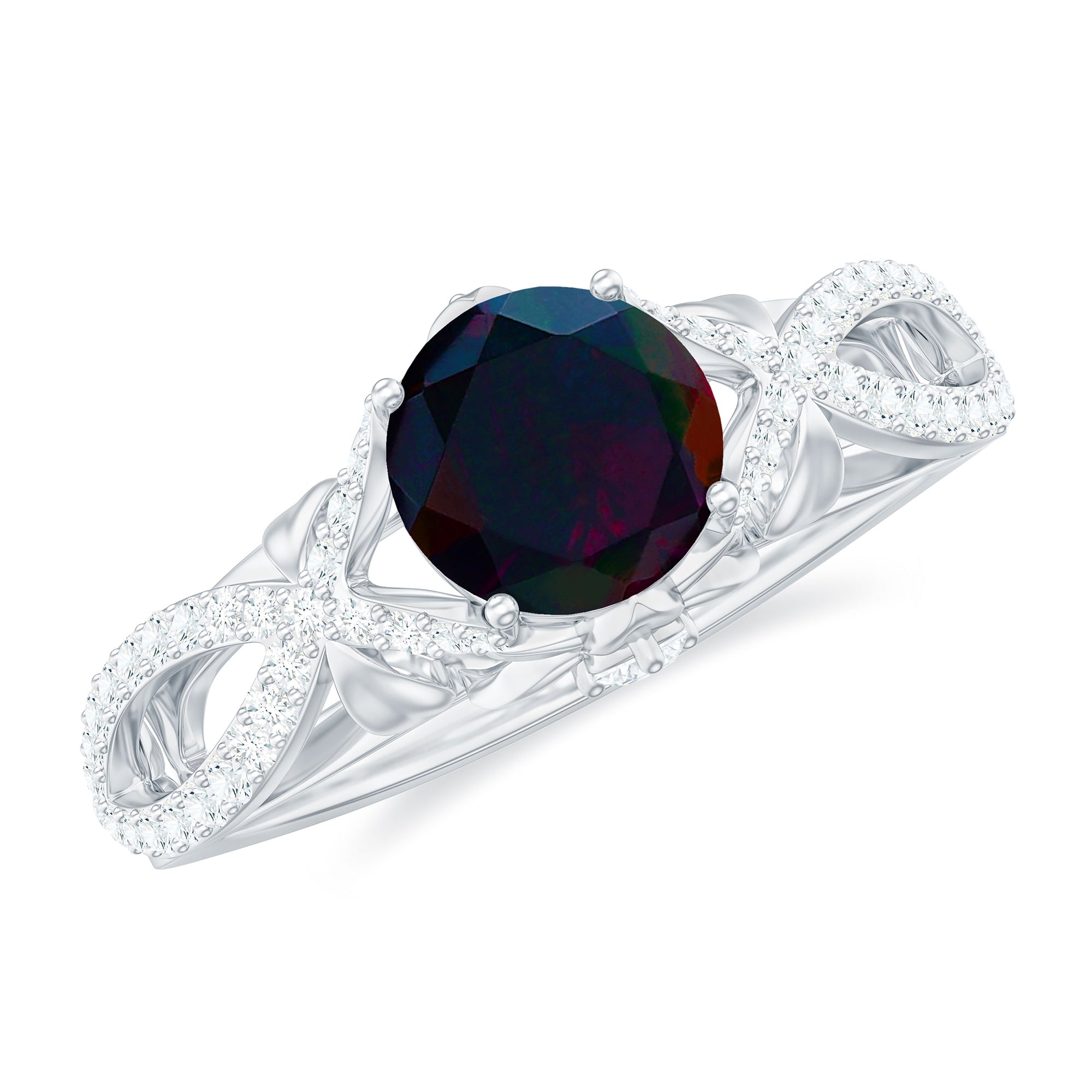 Natural Black Opal Crossover Engagement Ring with Diamond Black Opal - ( AAA ) - Quality - Rosec Jewels