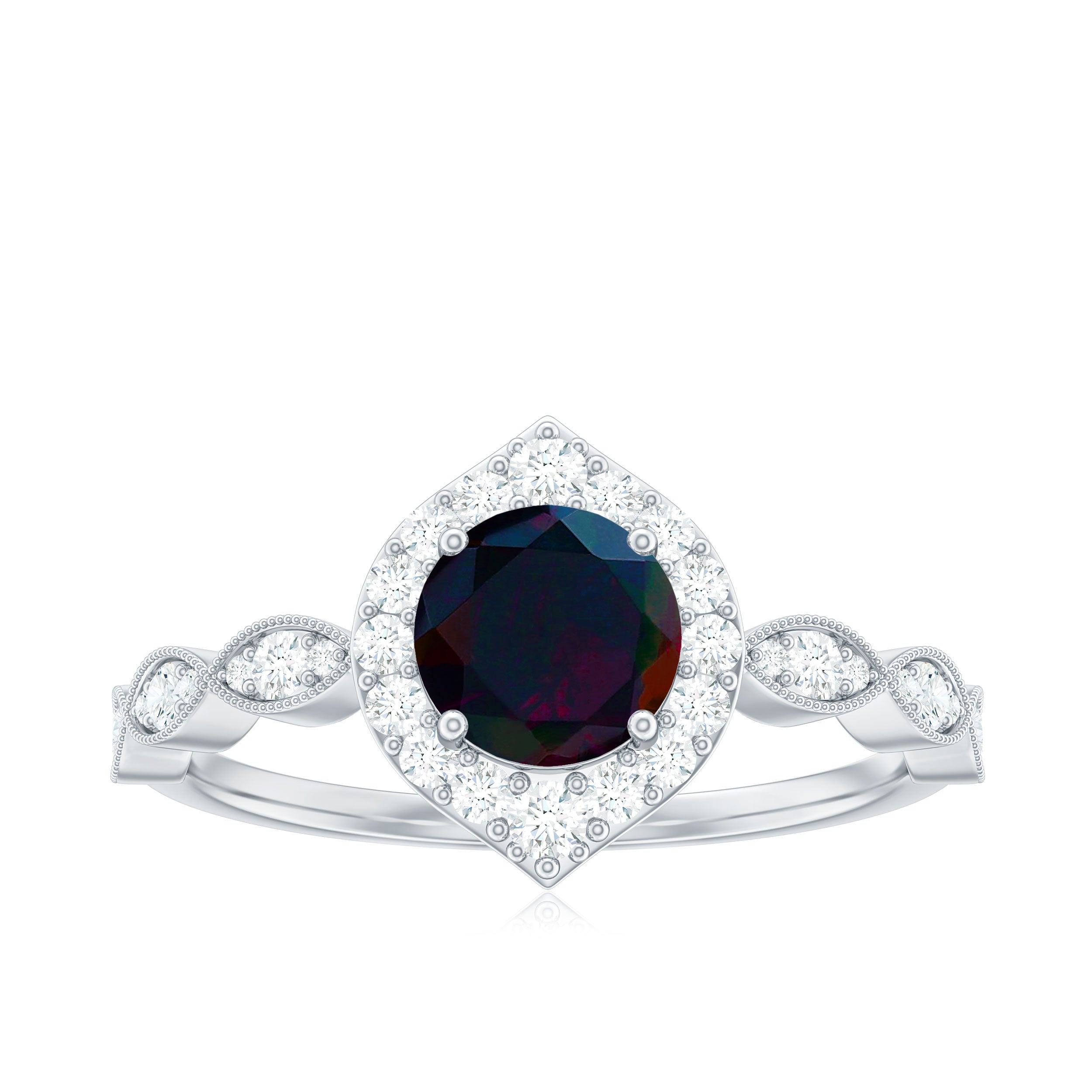 1.5 CT Black Opal Vintage Engagement Ring with Diamond Accent Black Opal - ( AAA ) - Quality - Rosec Jewels