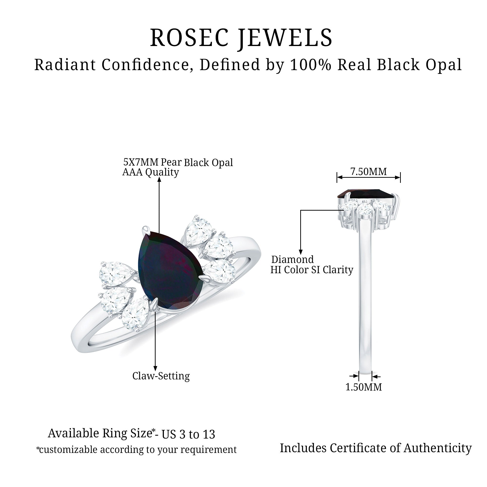 Pear Cut Black Opal Solitaire Engagement Ring with Diamond Trio Black Opal - ( AAA ) - Quality - Rosec Jewels