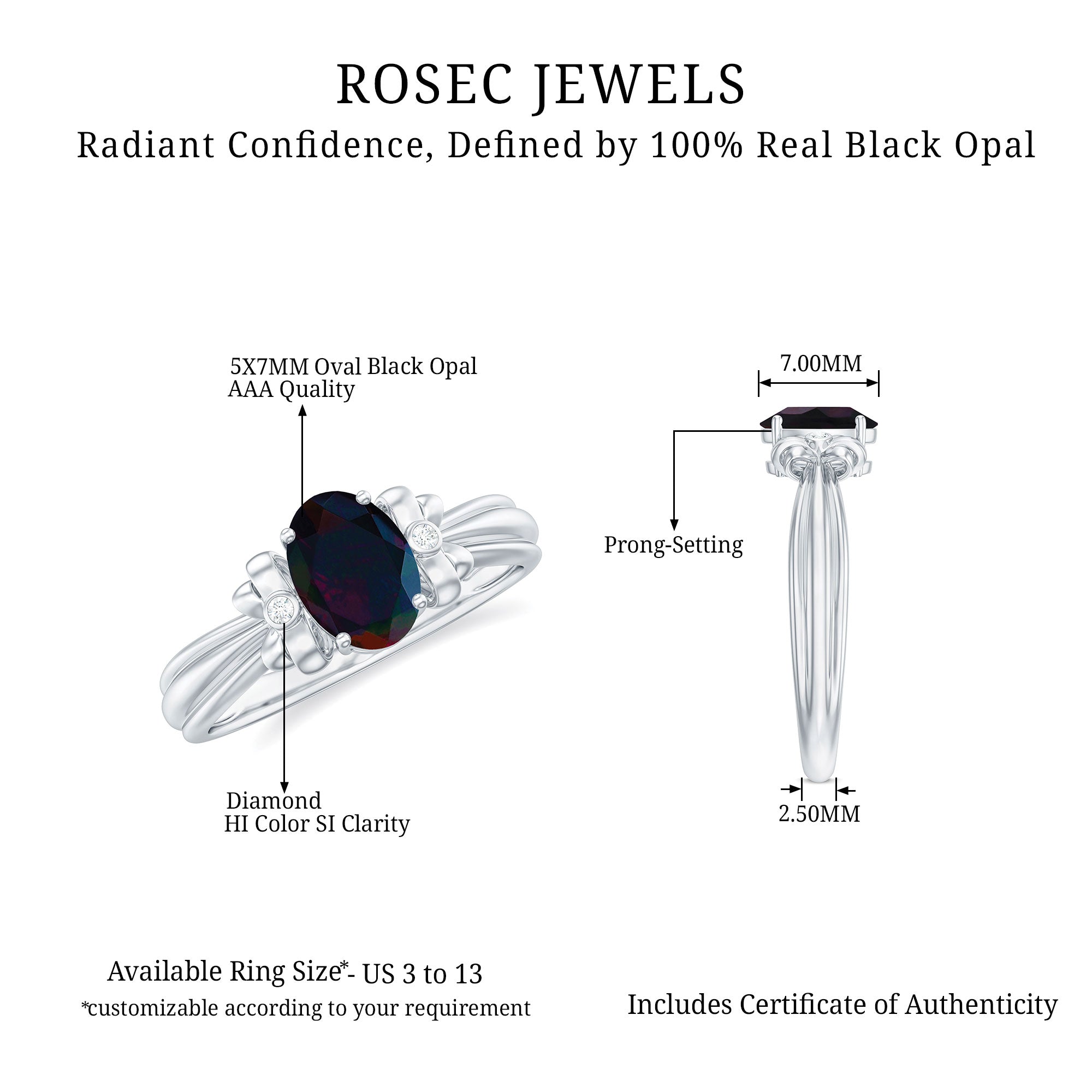 1 CT Oval Black Opal Solitaire Floral Ring with Diamond Accent Black Opal - ( AAA ) - Quality - Rosec Jewels