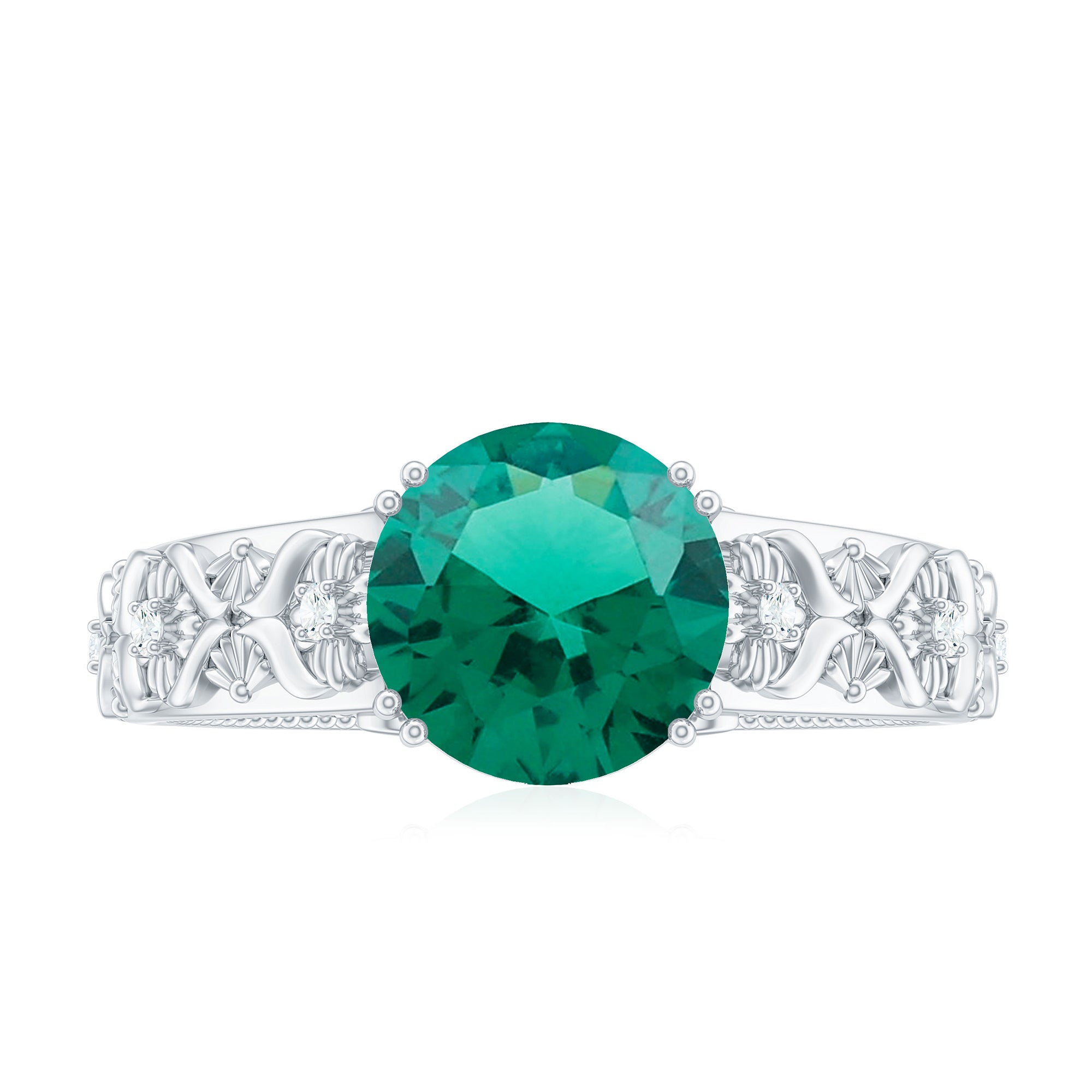 Solitaire Created Emerald Flower Engagement Ring with Diamond Lab Created Emerald - ( AAAA ) - Quality - Rosec Jewels