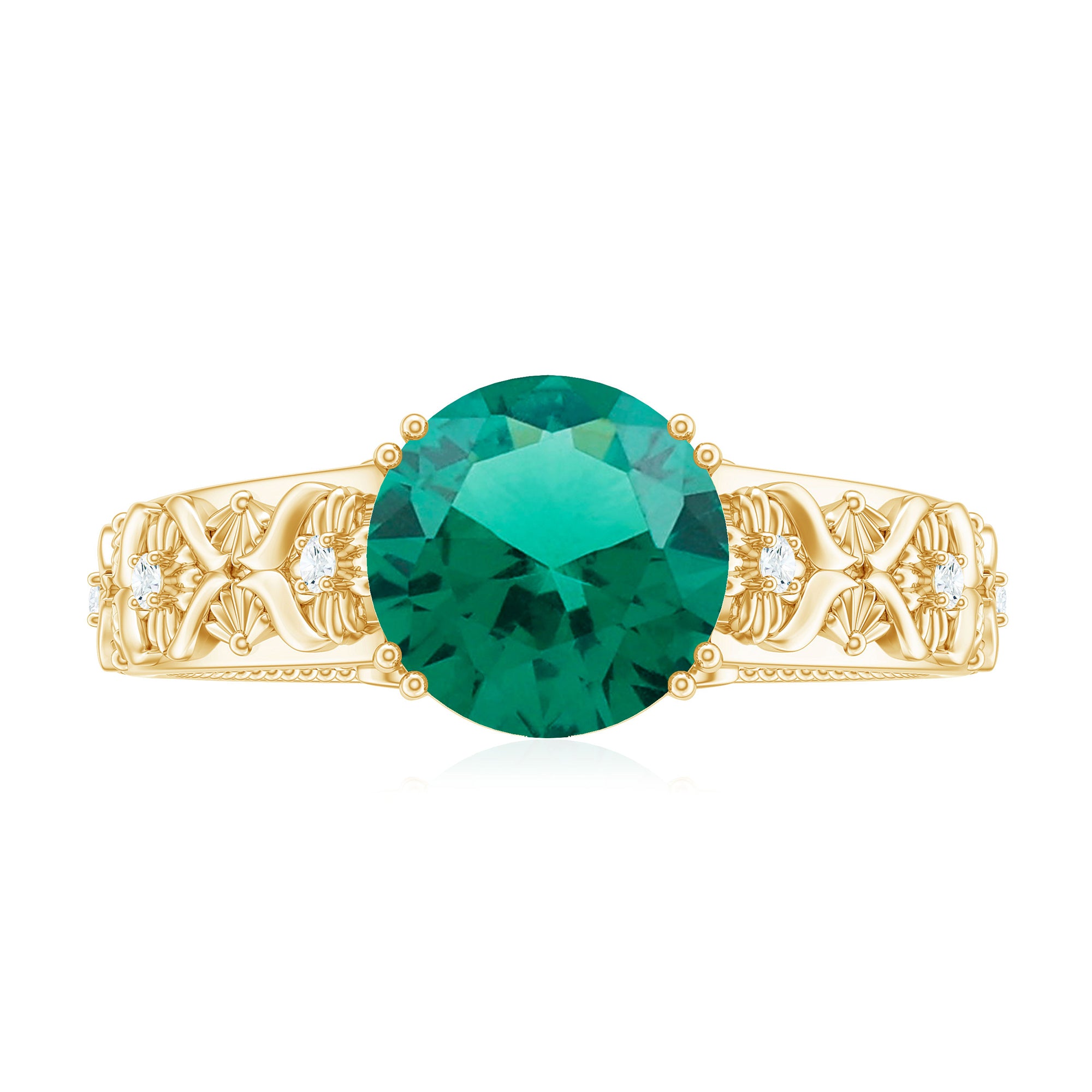 Solitaire Created Emerald Flower Engagement Ring with Diamond Lab Created Emerald - ( AAAA ) - Quality - Rosec Jewels