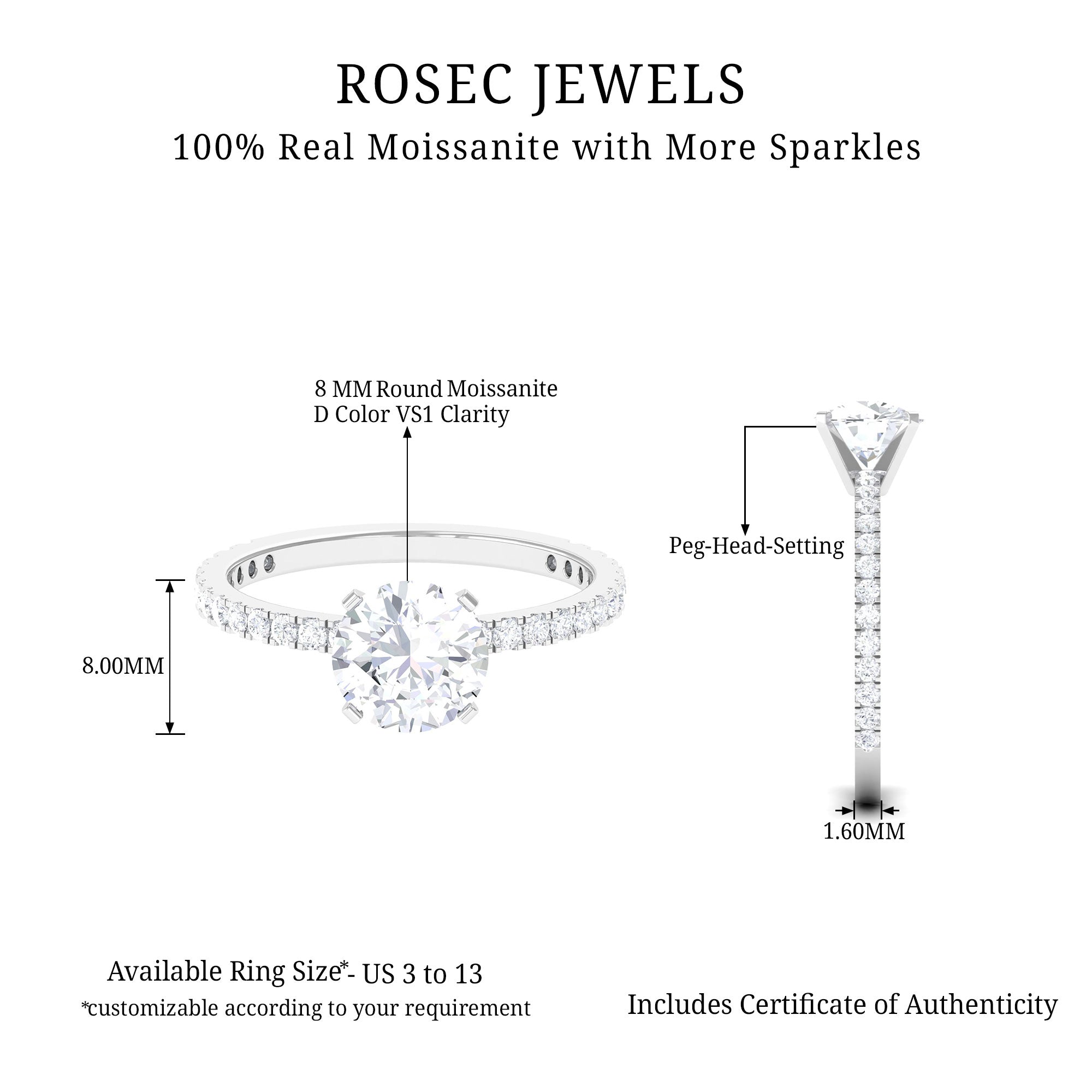 2.75 CT Certified Moissanite Solitaire Engagement Ring Moissanite - ( D-VS1 ) - Color and Clarity - Rosec Jewels