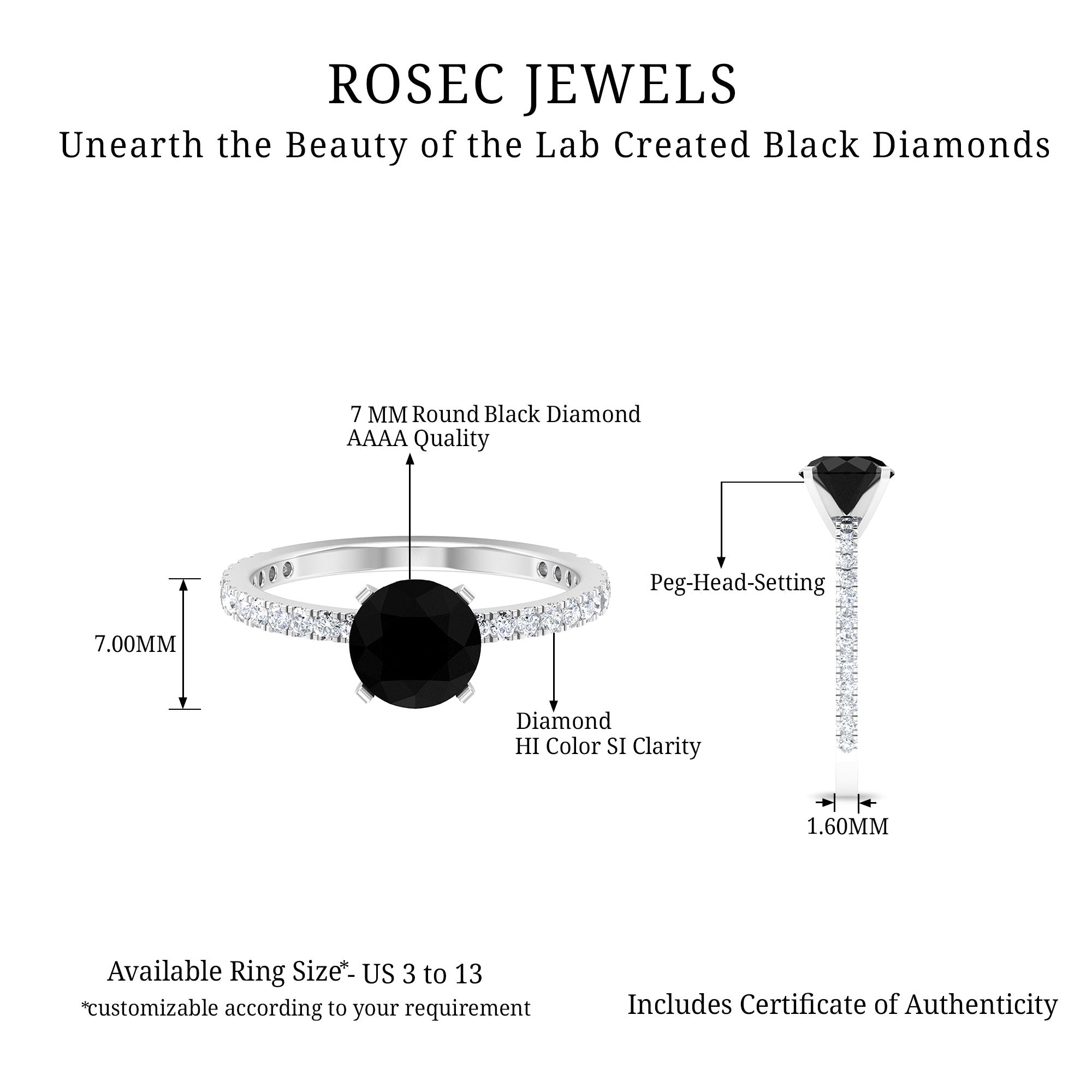 2 CT Created Black Diamond Solitaire Ring with Side Stones Lab Created Black Diamond - ( AAAA ) - Quality - Rosec Jewels