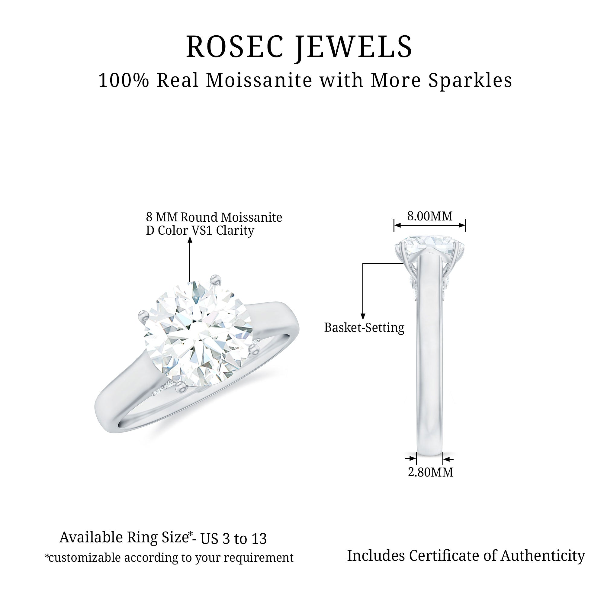 8 MM Round Cut Solitaire and Hidden Moissanite Ring with Accented Bridge Moissanite - ( D-VS1 ) - Color and Clarity - Rosec Jewels