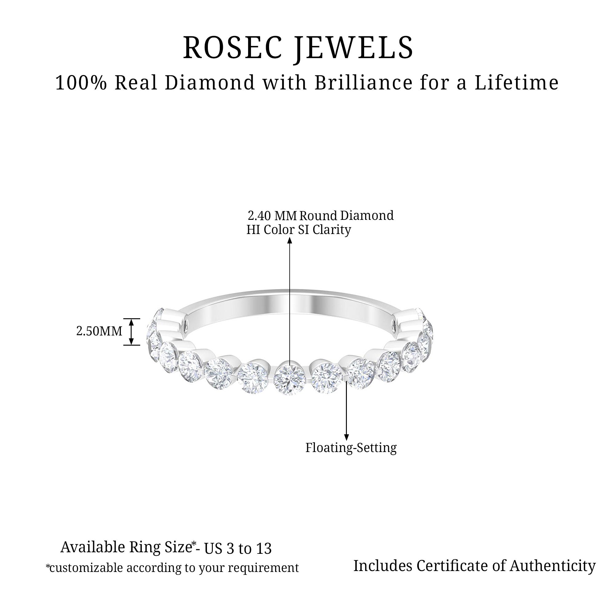 Round Shape Natural Diamond Floating Half Eternity Band Ring Diamond - ( HI-SI ) - Color and Clarity - Rosec Jewels