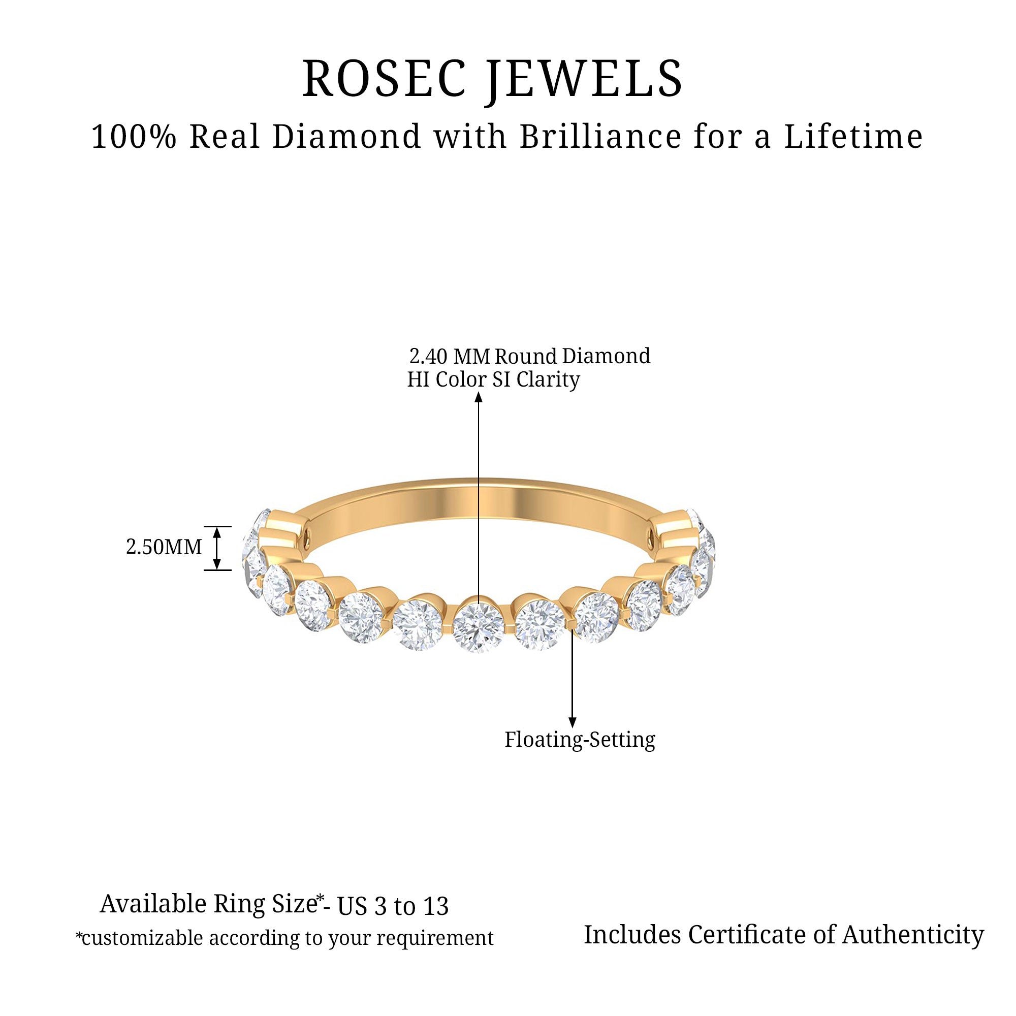 Round Shape Natural Diamond Floating Half Eternity Band Ring Diamond - ( HI-SI ) - Color and Clarity - Rosec Jewels