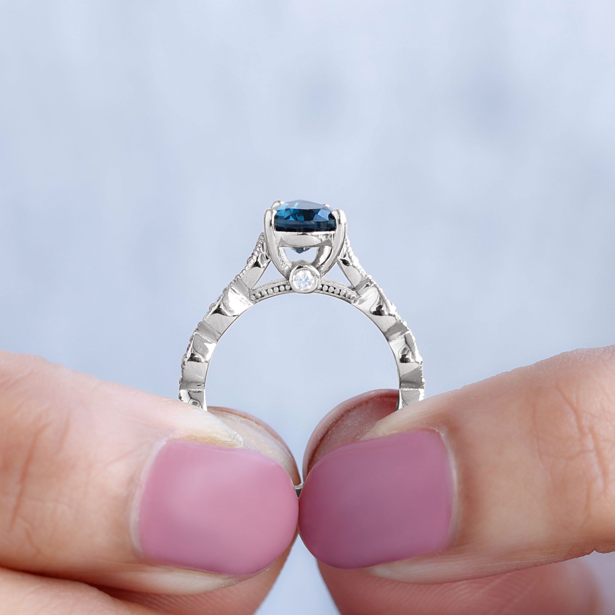 1.25 CT Teardrop London Blue Topaz Solitaire Ring with Diamond London Blue Topaz - ( AAA ) - Quality - Rosec Jewels