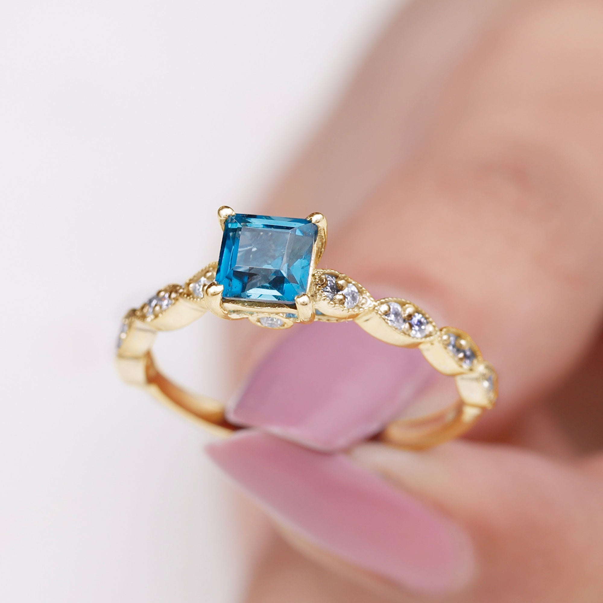 1 CT Princess Cut London Blue Topaz Solitaire Ring with Diamond London Blue Topaz - ( AAA ) - Quality - Rosec Jewels