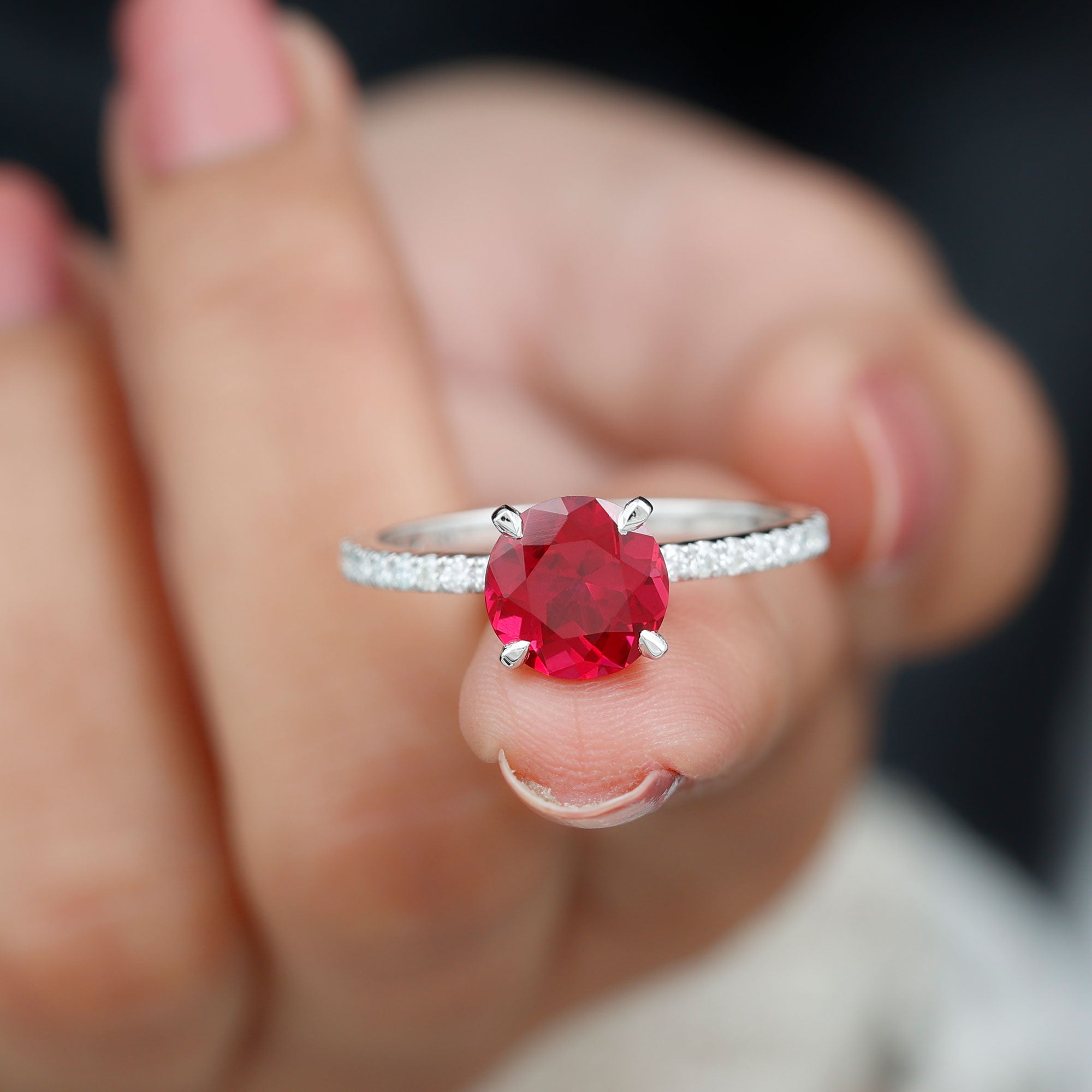 Peg Head Set Lab Grown Ruby Solitaire Engagement Ring Lab Created Ruby - ( AAAA ) - Quality - Rosec Jewels