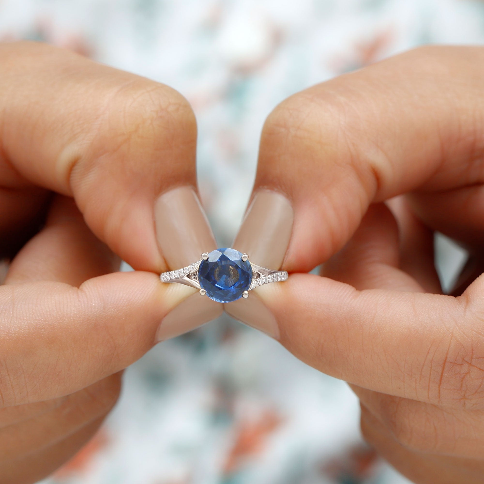 Lab Grown Blue Sapphire Solitaire Engagement Ring with Diamond Split Shank Lab Created Blue Sapphire - ( AAAA ) - Quality - Rosec Jewels