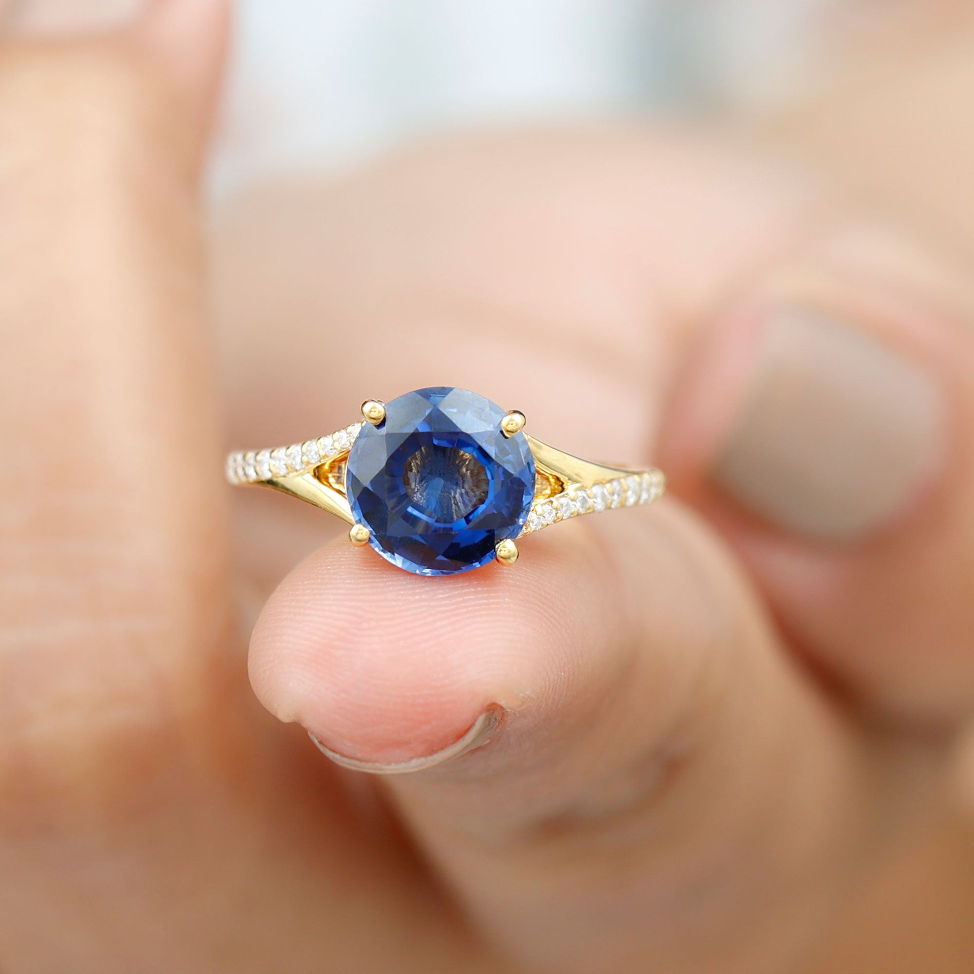 Lab Grown Blue Sapphire Solitaire Engagement Ring with Diamond Split Shank Lab Created Blue Sapphire - ( AAAA ) - Quality - Rosec Jewels