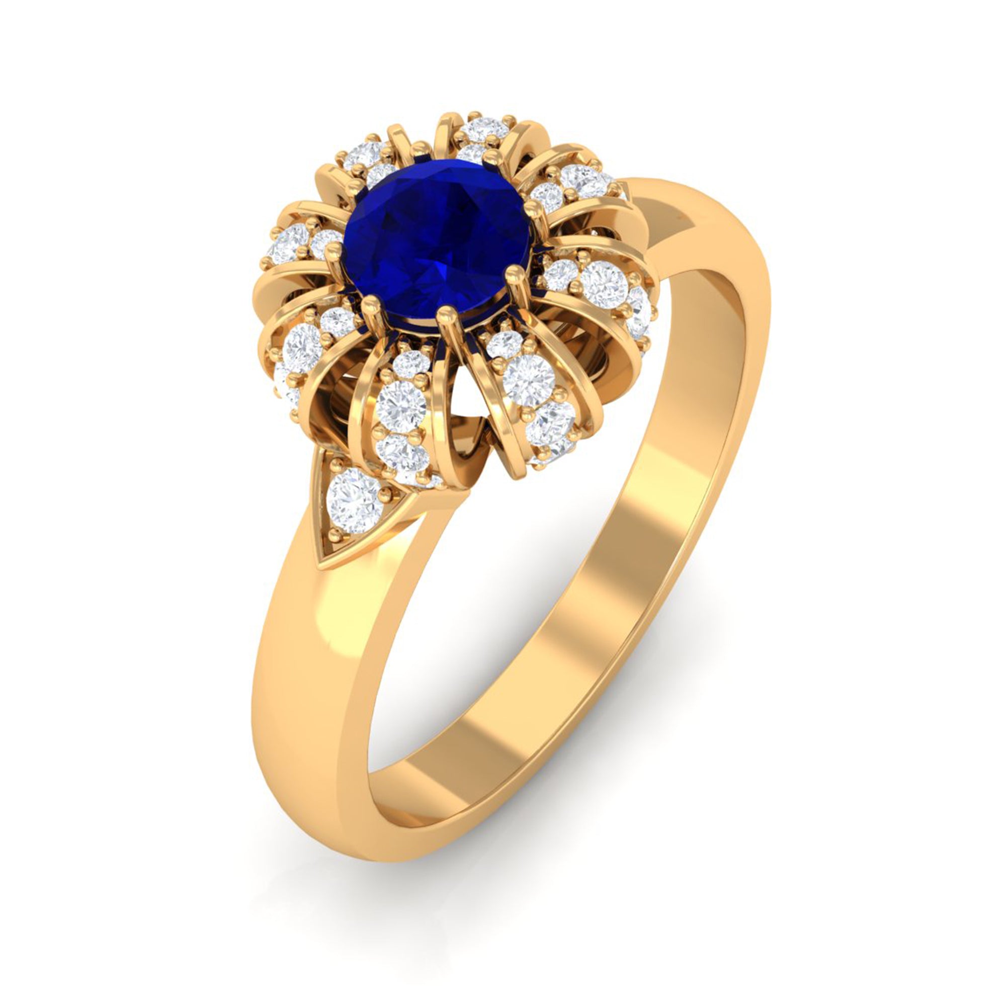 Elegant Blue Sapphire and Diamond Flower Engagement Ring Blue Sapphire - ( AAA ) - Quality - Rosec Jewels