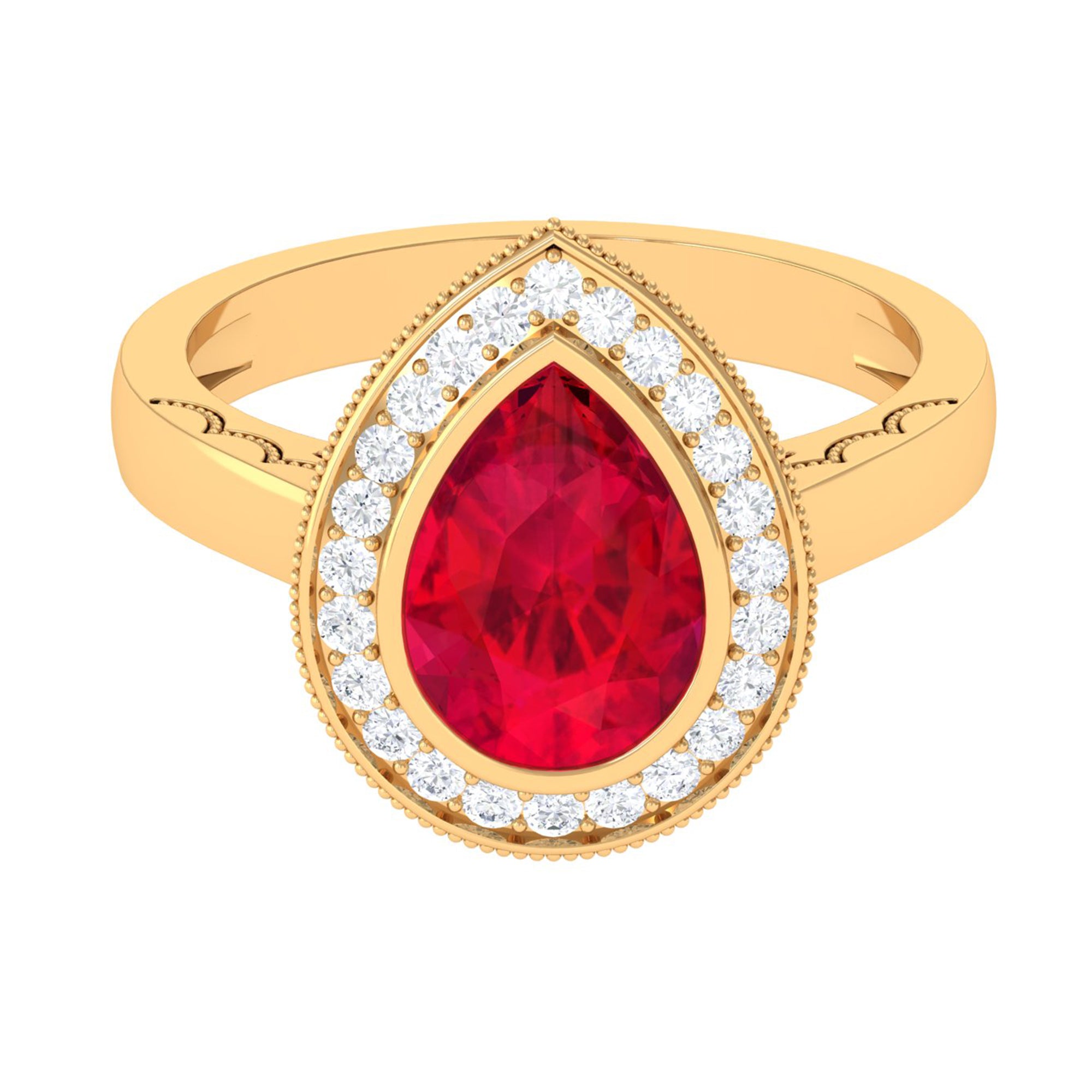 Vintage Style Created Ruby Teardrop Engagement Ring with Diamond Halo Lab Created Ruby - ( AAAA ) - Quality - Rosec Jewels