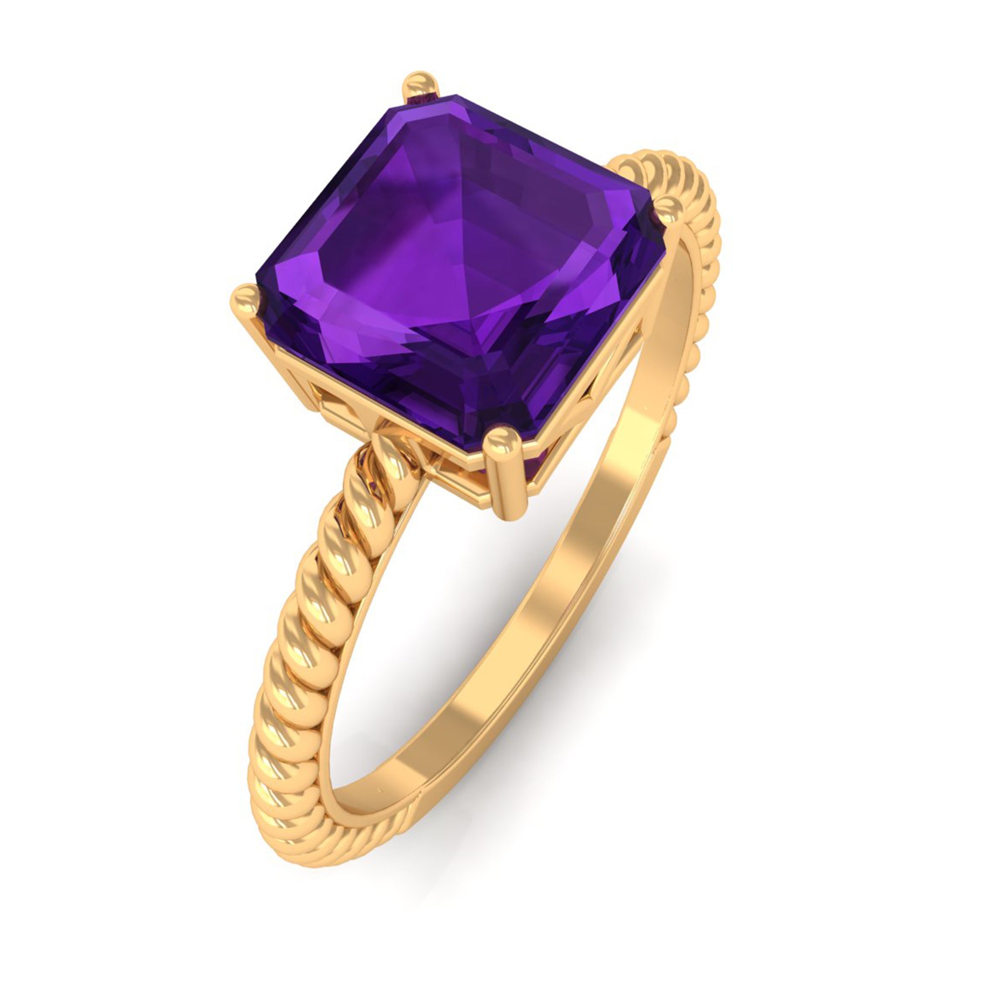 Asscher Cut Amethyst Solitaire Ring with Twisted Rope Amethyst - ( AAA ) - Quality - Rosec Jewels