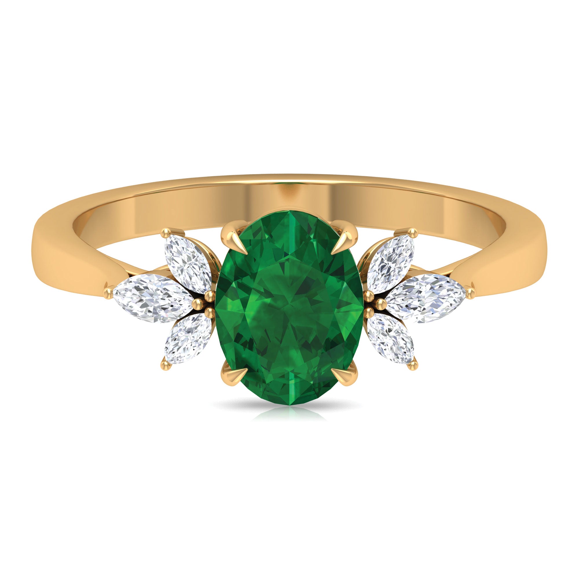 Claw Set Oval shape Emerald Solitaire Ring with Marquise Diamond Trio Emerald - ( AAA ) - Quality - Rosec Jewels