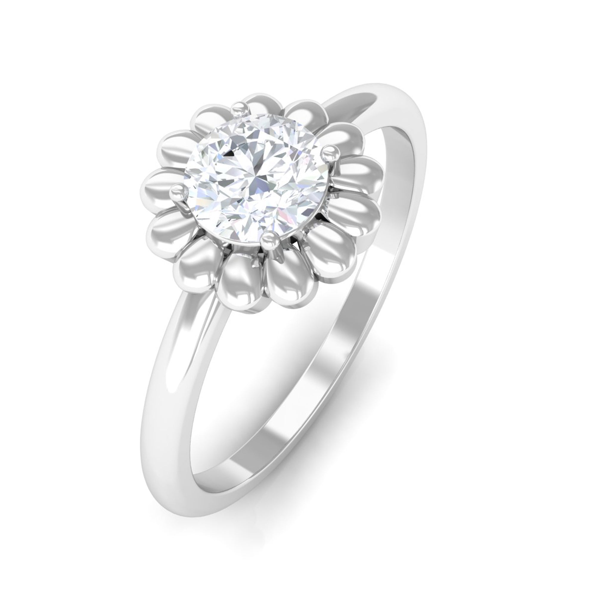 Round Moissanite Solitaire Floral Ring in Prong Setting Moissanite - ( D-VS1 ) - Color and Clarity - Rosec Jewels