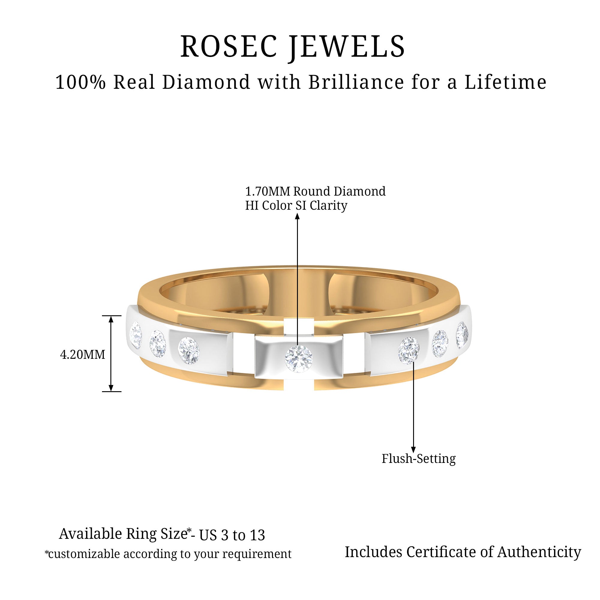 Admiring Diamond and Gold Two Tone Unisex Band Ring Diamond - ( HI-SI ) - Color and Clarity - Rosec Jewels