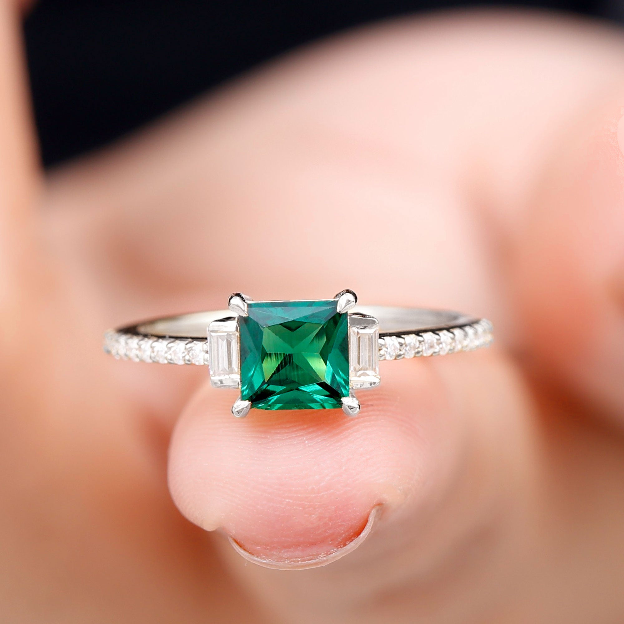 Princess Cut Created Emerald Solitaire Engagement Ring Lab Created Emerald - ( AAAA ) - Quality - Rosec Jewels