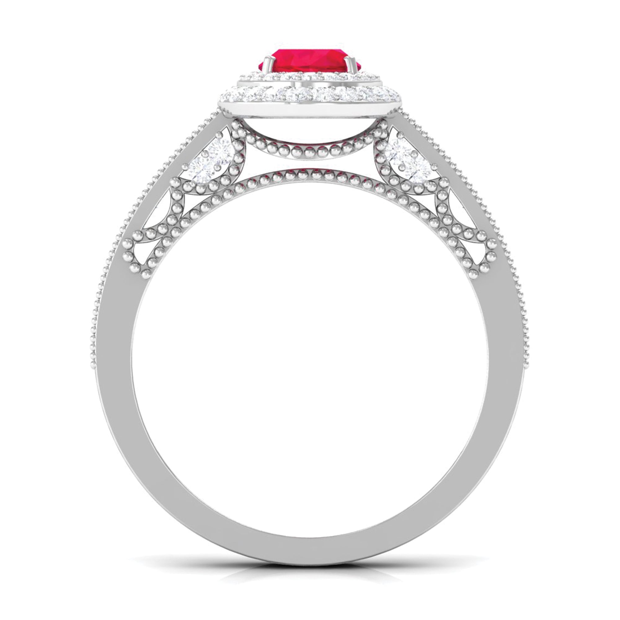 Lab-Created Ruby Beaded Engagement Ring with Diamond Lab Created Ruby - ( AAAA ) - Quality - Rosec Jewels