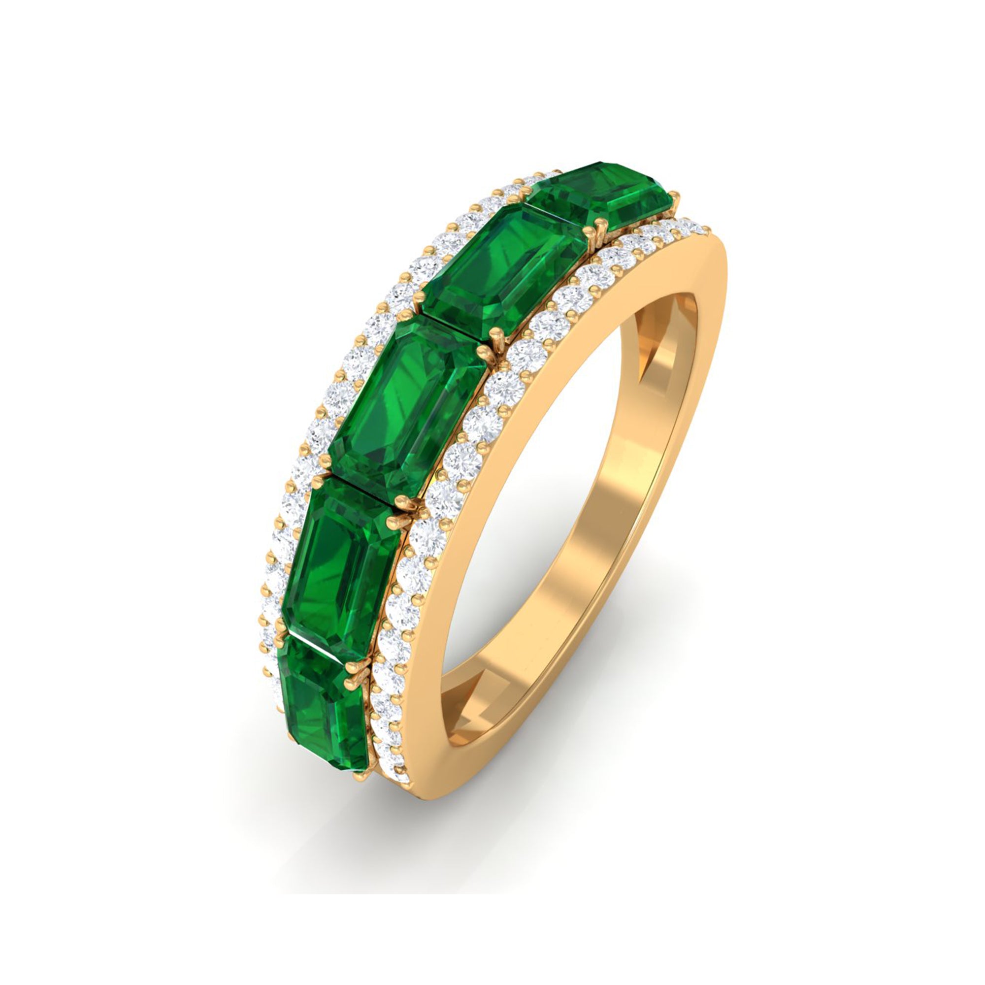 Octagon Cut Created Emerald and Diamond East West Half Eternity Band Lab Created Emerald - ( AAAA ) - Quality - Rosec Jewels