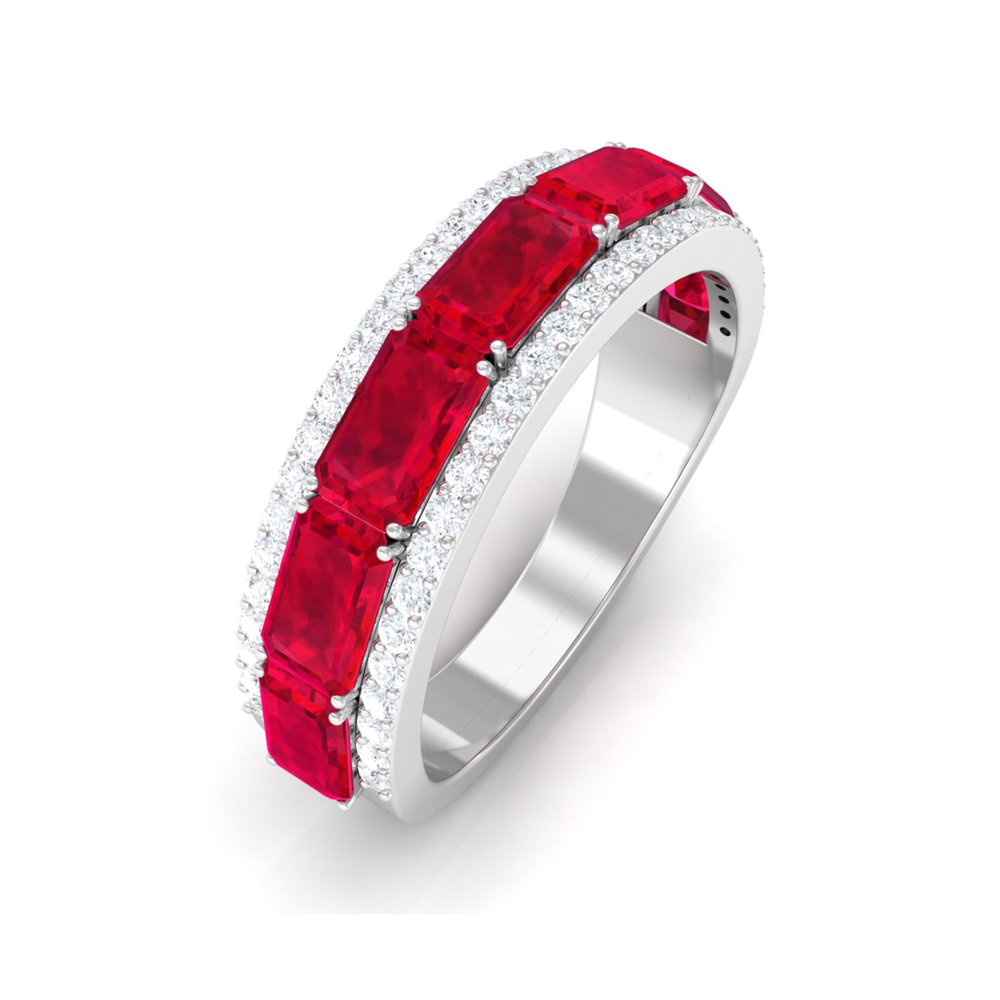 Emerald Cut Lab Grown Ruby Moissanite Half Eternity Band Lab Created Ruby - ( AAAA ) - Quality - Rosec Jewels