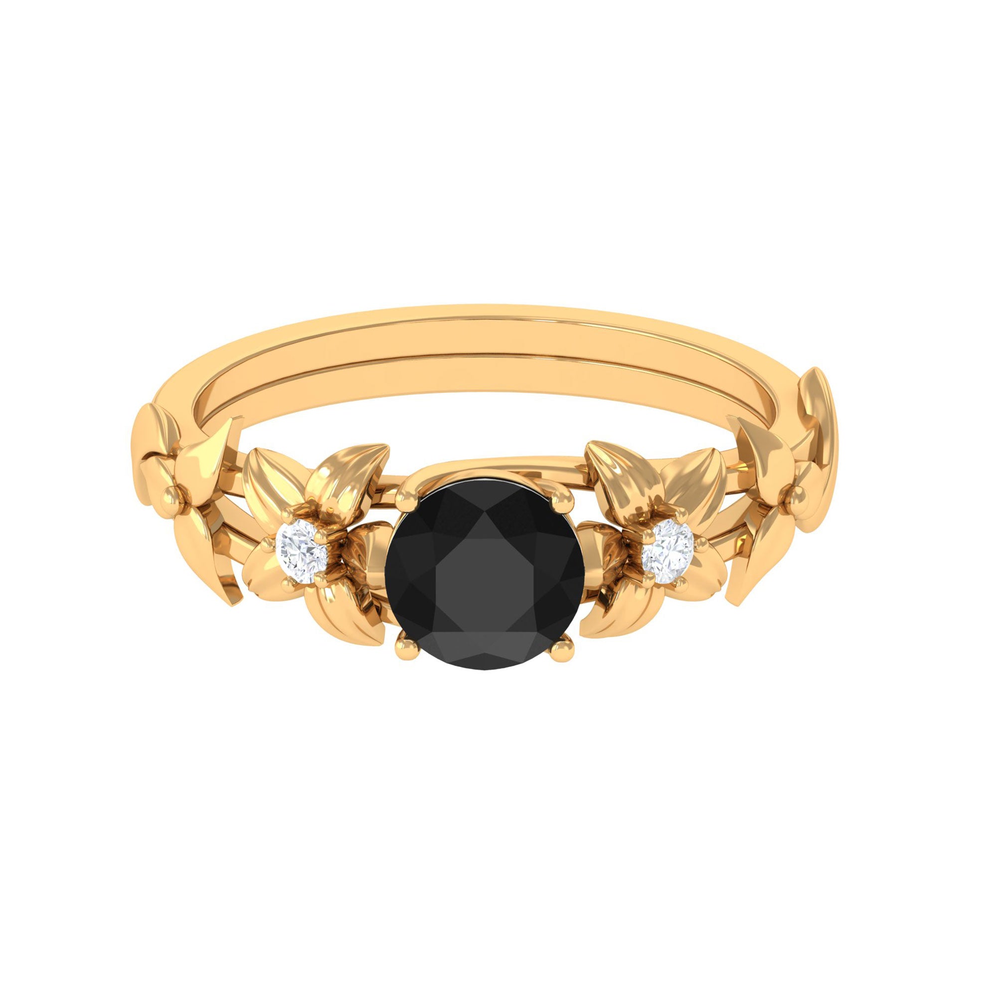 Black Spinel Floral Solitaire Ring with Diamond Black Spinel - ( AAA ) - Quality - Rosec Jewels