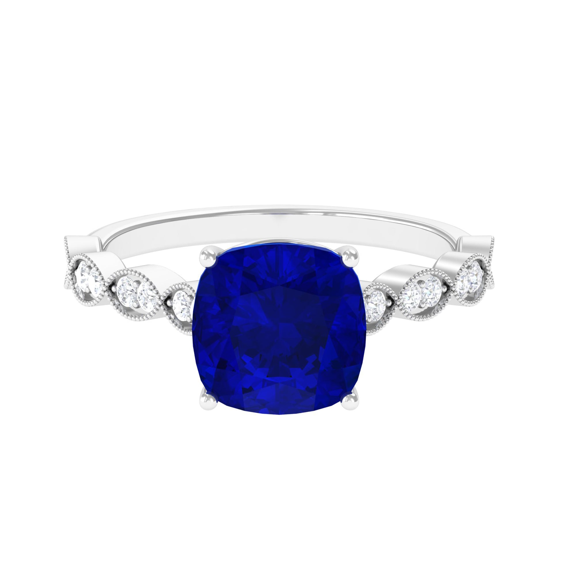 Cushion Cut Lab Grown Blue Sapphire Solitaire Engagement Ring with Diamond Lab Created Blue Sapphire - ( AAAA ) - Quality - Rosec Jewels