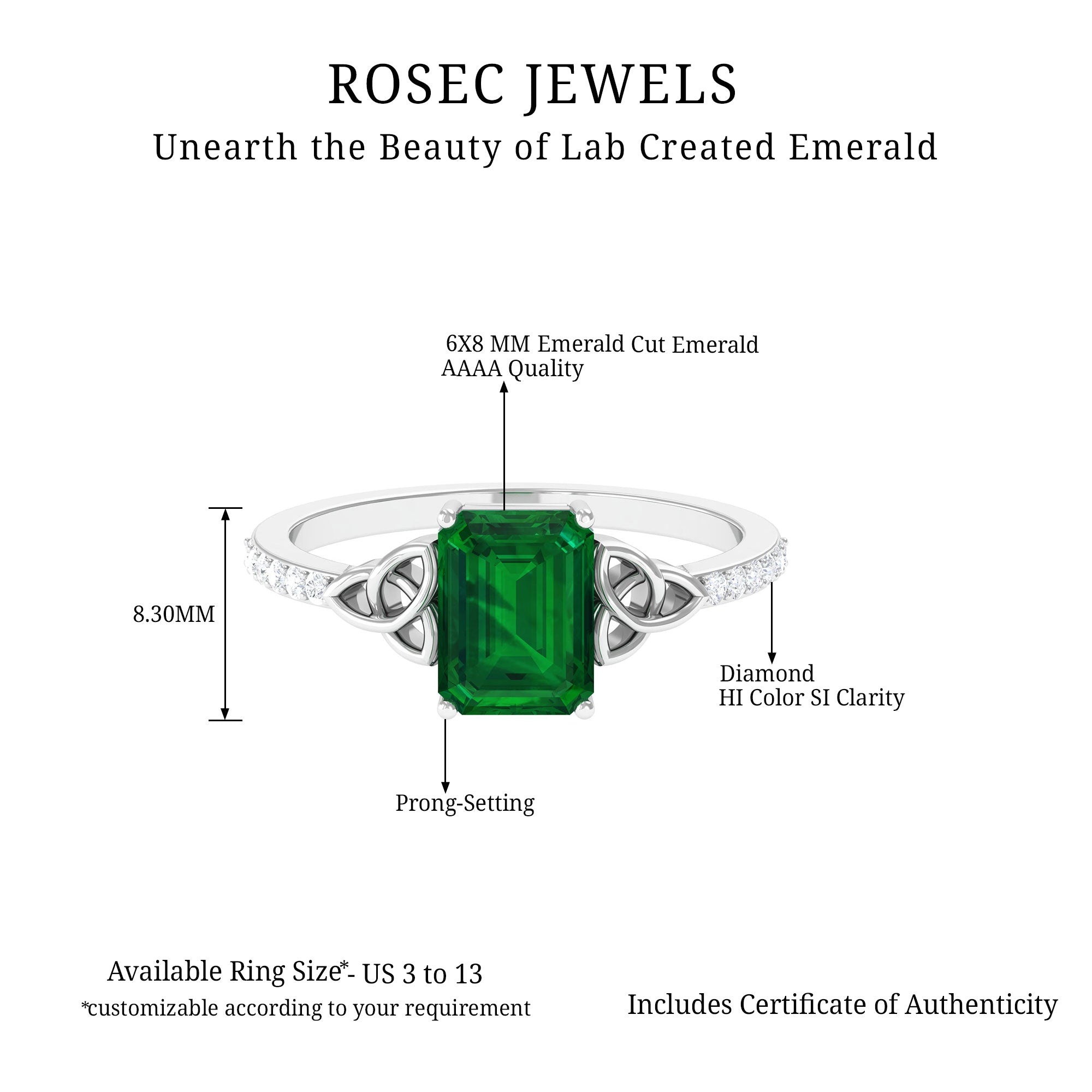 Octagon Cut Lab Grown Emerald Celtic Knot Engagement Ring Lab Created Emerald - ( AAAA ) - Quality - Rosec Jewels