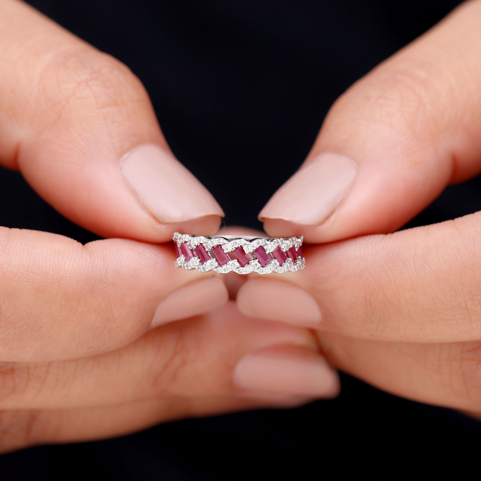 Braided Half Eternity Band Ring with Ruby and Diamond Ruby - ( AAA ) - Quality - Rosec Jewels