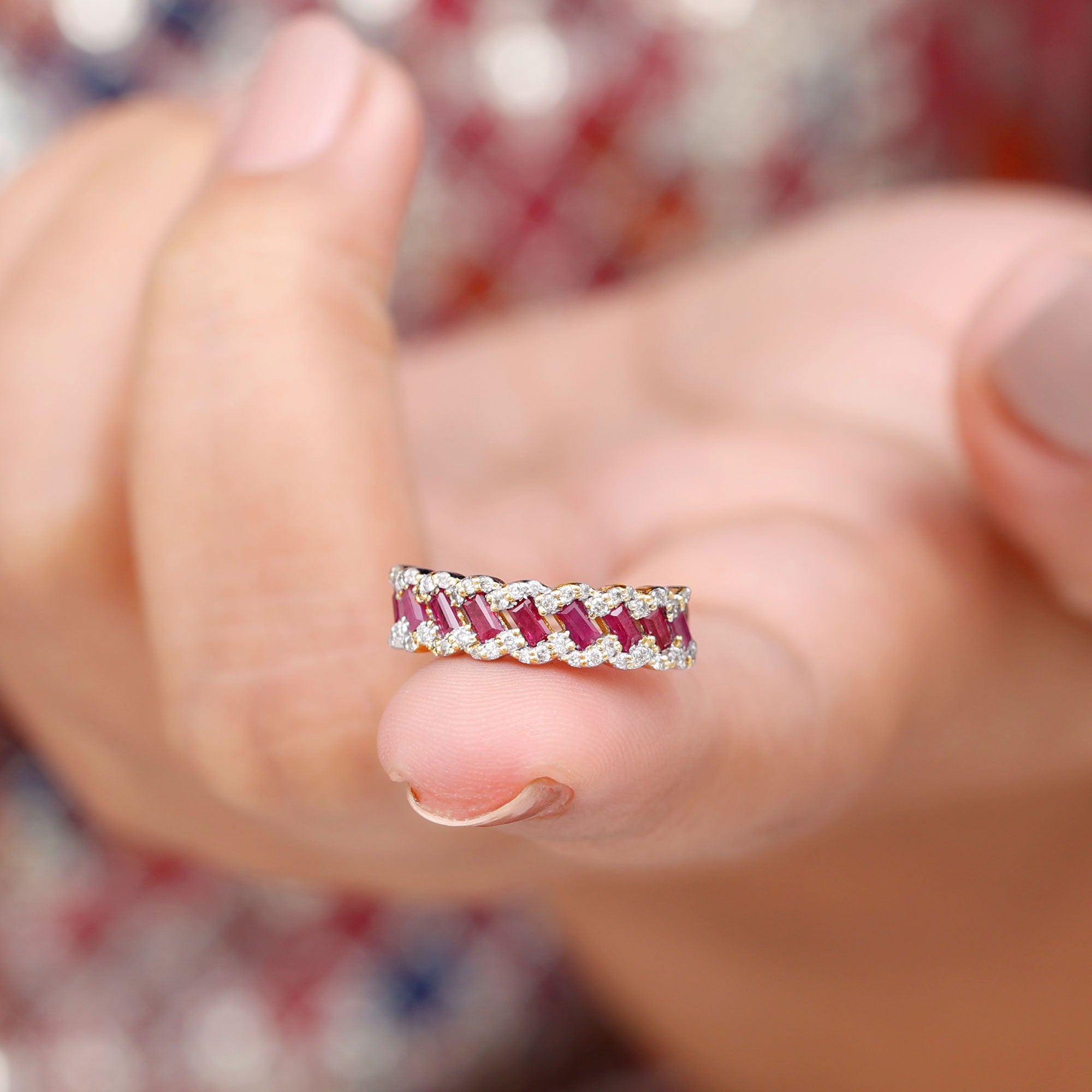 Braided Half Eternity Band Ring with Ruby and Diamond Ruby - ( AAA ) - Quality - Rosec Jewels