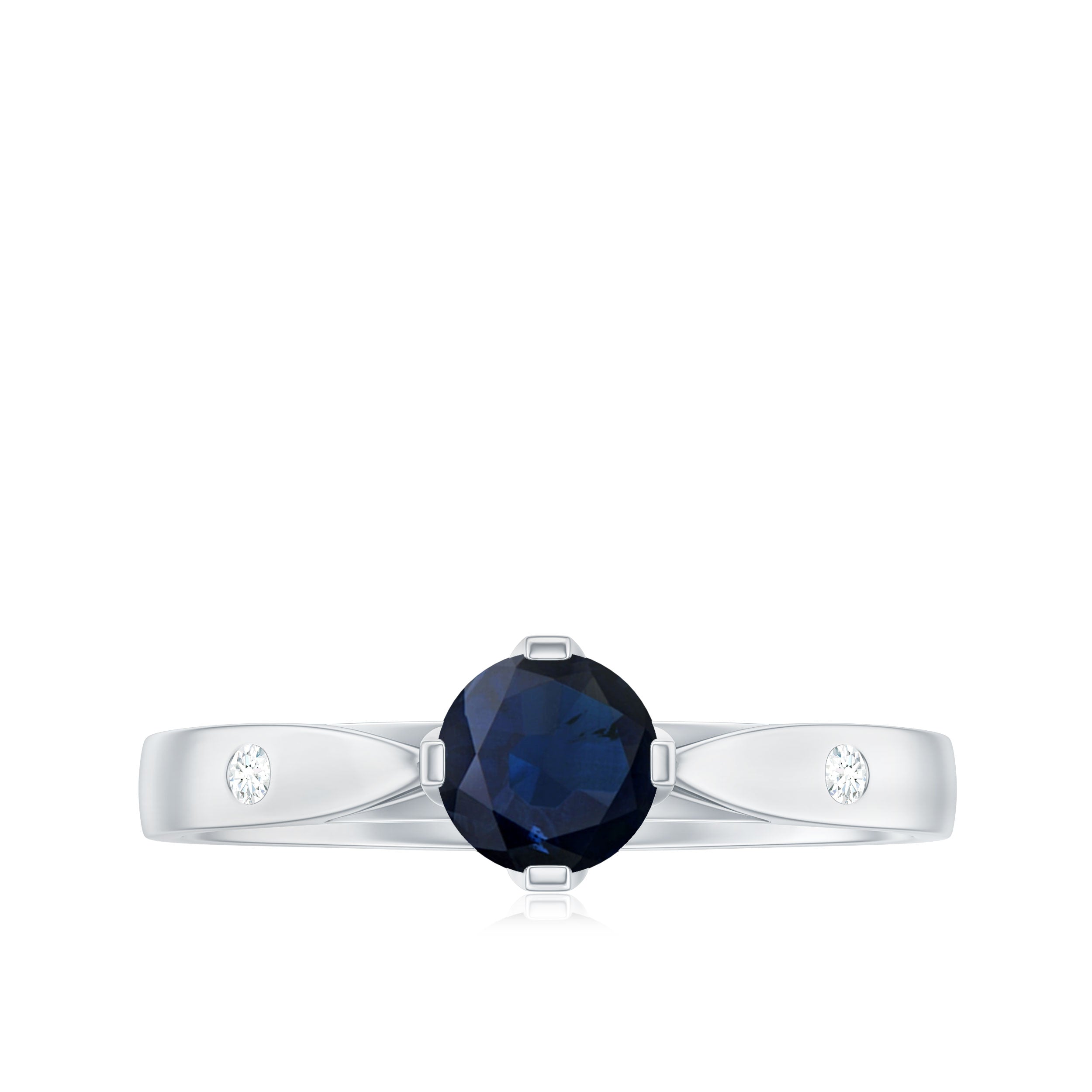 Round Solitaire Blue Sapphire Promise Ring with Diamond Blue Sapphire - ( AAA ) - Quality - Rosec Jewels