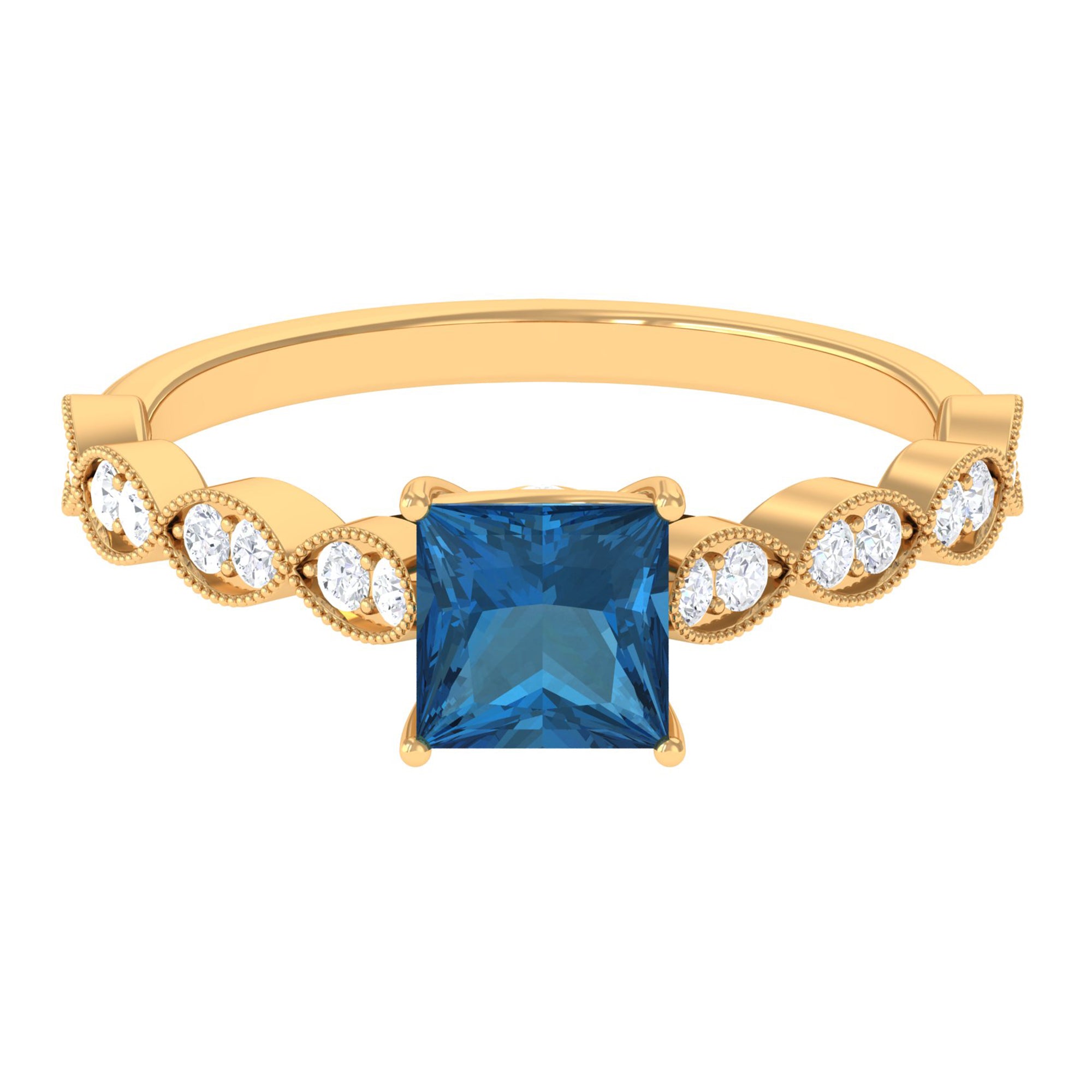 Princess Cut London Blue Topaz Solitaire Ring with Diamond Side Stones London Blue Topaz - ( AAA ) - Quality - Rosec Jewels