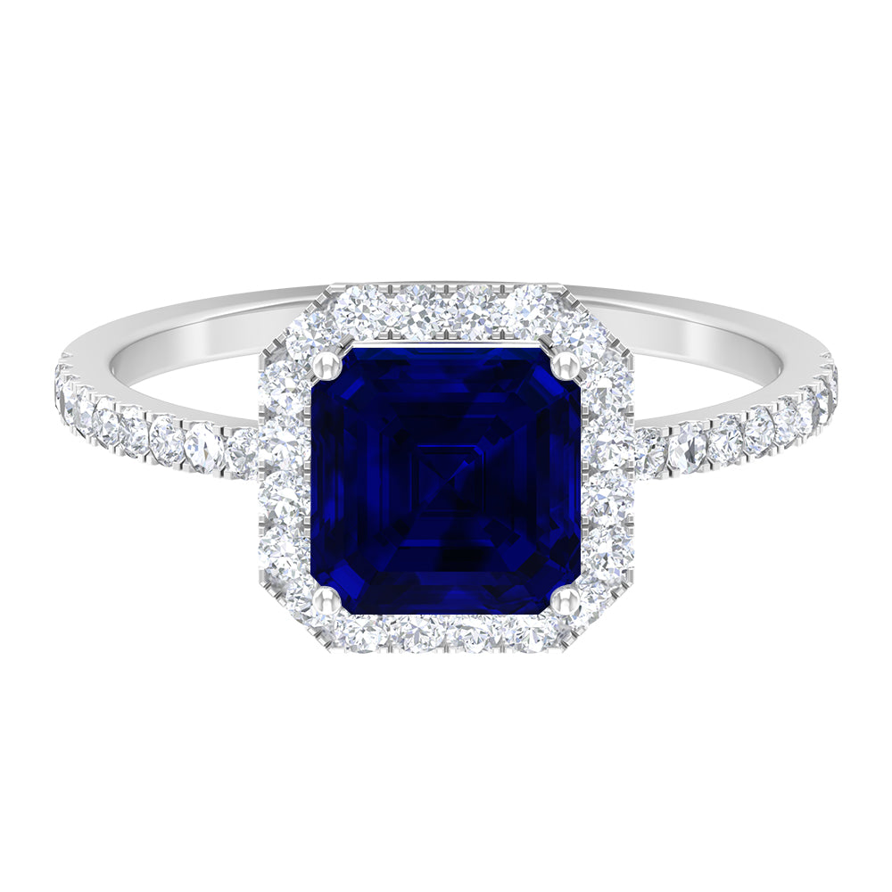 Asscher Cut Created Blue Sapphire Classic Halo Engagement Ring with Diamond Lab Created Blue Sapphire - ( AAAA ) - Quality - Rosec Jewels