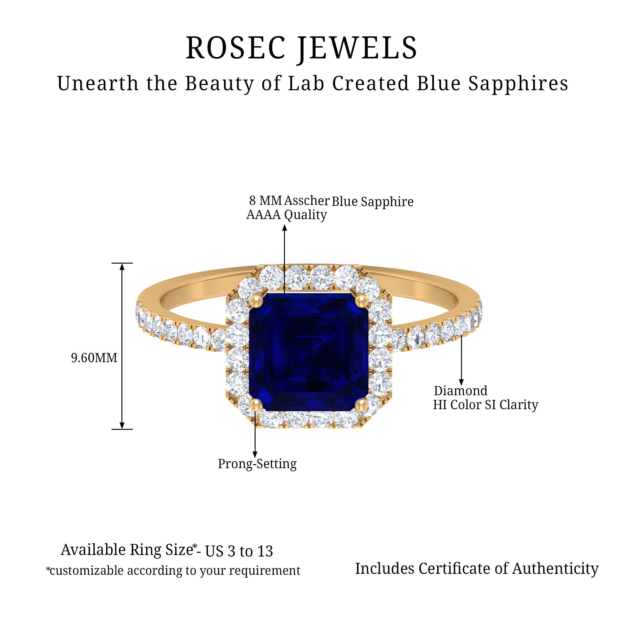 Asscher Cut Created Blue Sapphire Classic Halo Engagement Ring with Diamond Lab Created Blue Sapphire - ( AAAA ) - Quality - Rosec Jewels