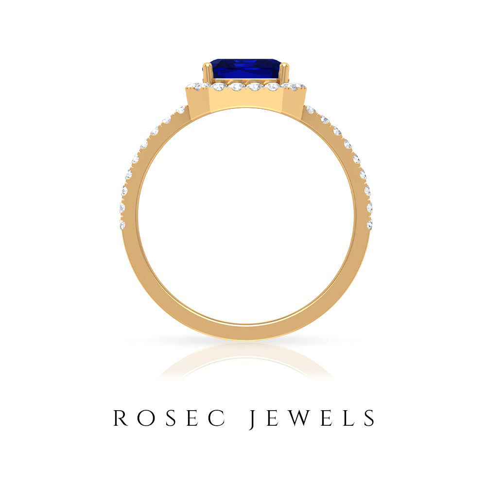 Asscher Cut Created Blue Sapphire Classic Halo Engagement Ring with Diamond Lab Created Blue Sapphire - ( AAAA ) - Quality - Rosec Jewels