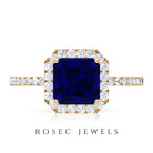 Asscher Cut Created Blue Sapphire Classic Halo Engagement Ring with Diamond Lab Created Blue Sapphire - ( AAAA ) - Quality - Rosec Jewels