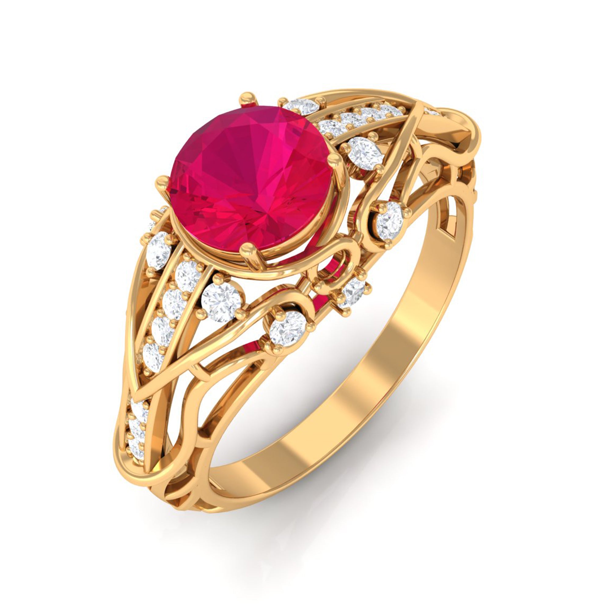 Vintage Inspired Ruby Engagement Ring with Diamond Ruby - ( AAA ) - Quality - Rosec Jewels