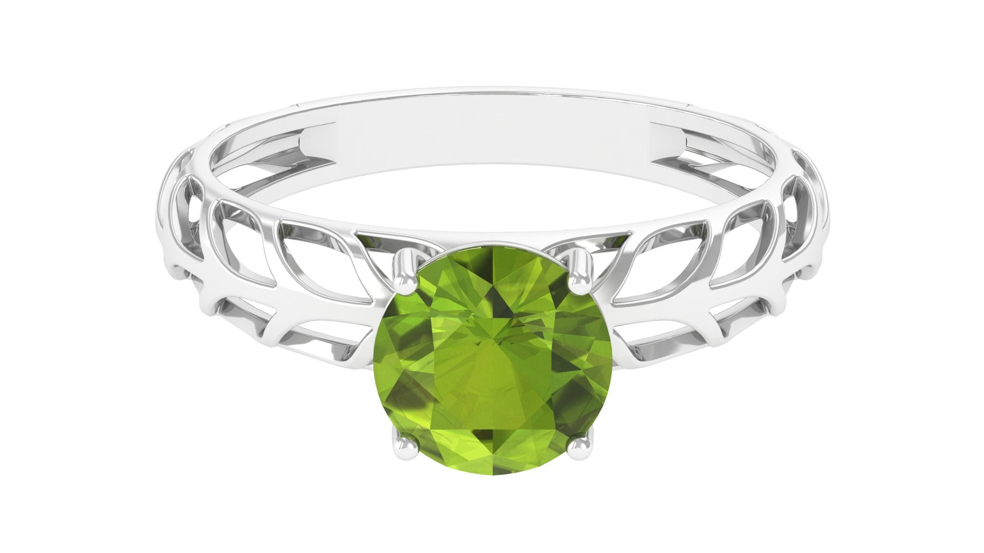 8 MM Round Peridot Solitaire Gold Cut Work Ring in Prong Setting Peridot - ( AAA ) - Quality - Rosec Jewels