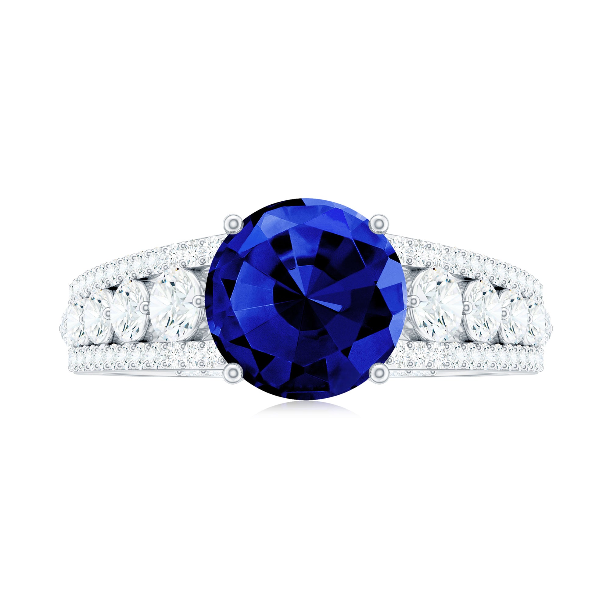 Solitaire Created Blue Sapphire Statement Engagement Ring with Moissanite Lab Created Blue Sapphire - ( AAAA ) - Quality - Rosec Jewels