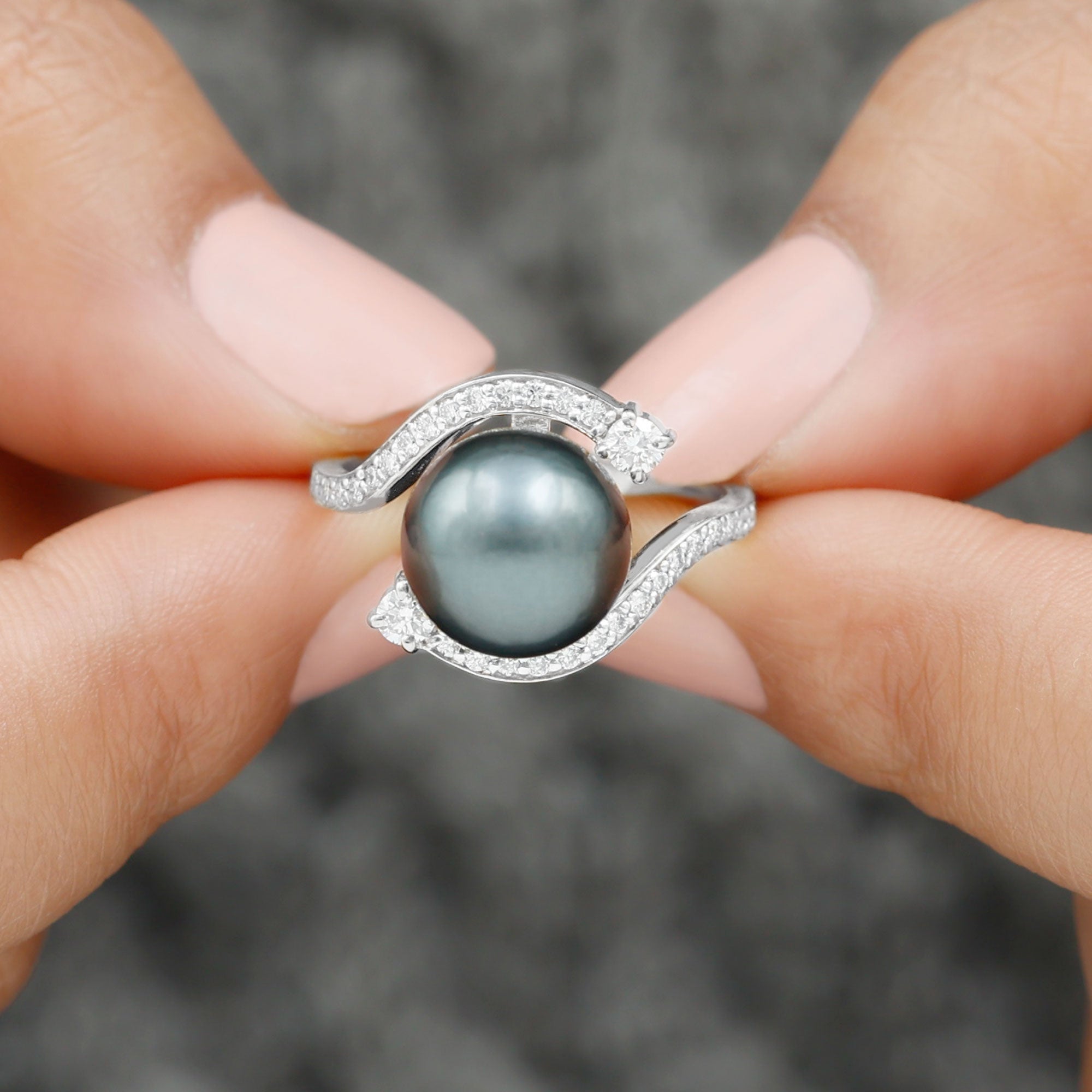 Solitaire Tahitian Pearl Bypass Engagement Ring with Diamond in Gold Tahitian pearl - ( AAA ) - Quality - Rosec Jewels