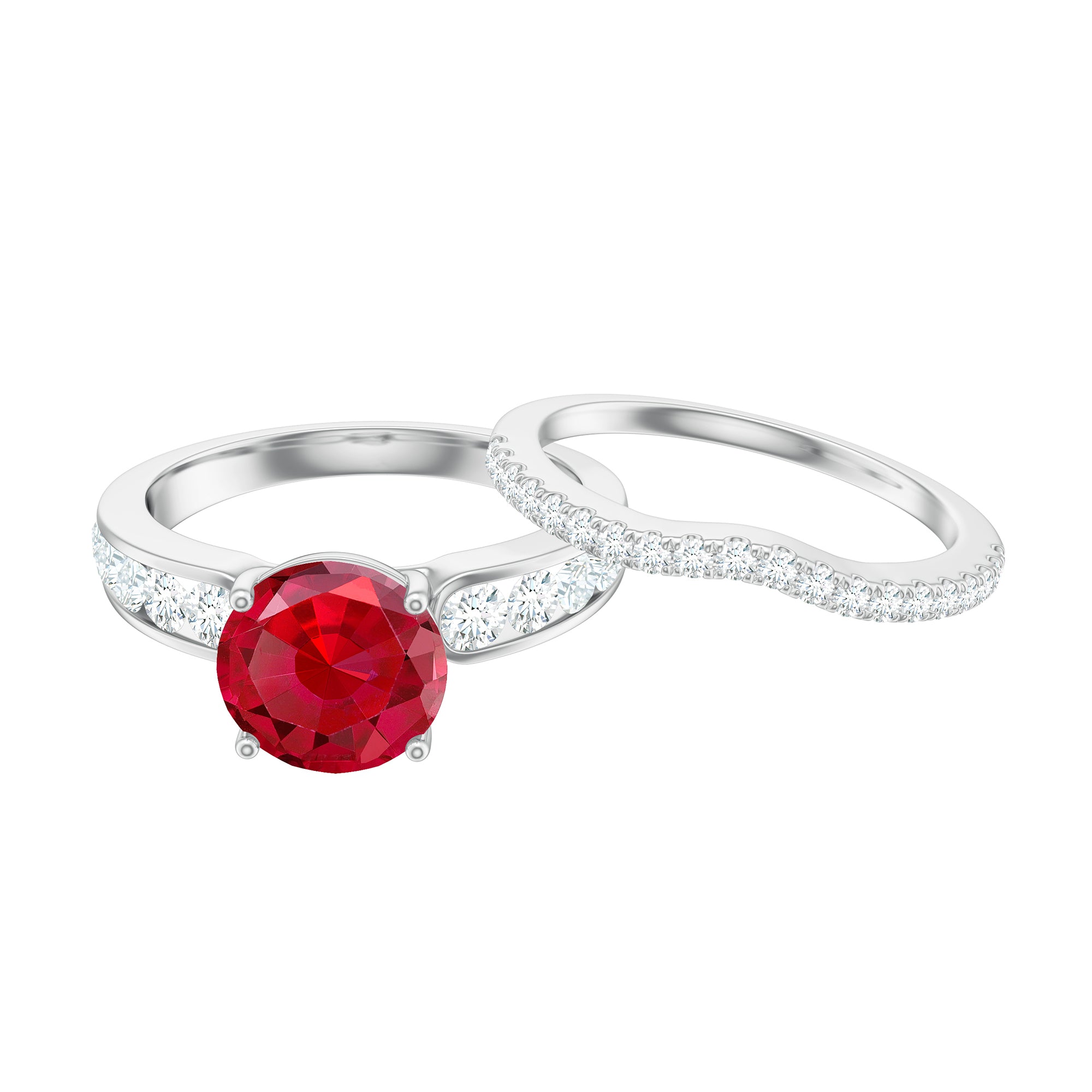 Certified Lab Grown Ruby And Moissanite Engagement Ring Set Lab Created Ruby - ( AAAA ) - Quality - Rosec Jewels