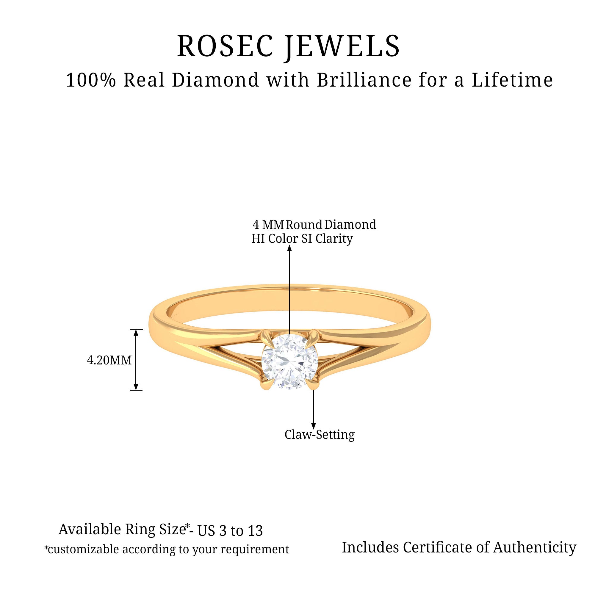 4 MM Diamond Solitaire Ring with Split Shank in Claw Setting Diamond - ( HI-SI ) - Color and Clarity - Rosec Jewels